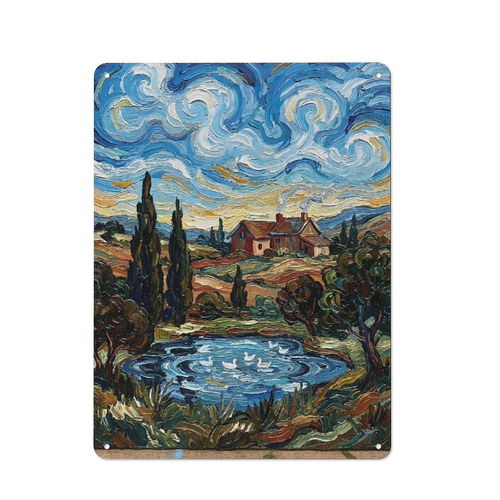 Junmoney Style-17 Impressionistic Landscape With Ducks And House Tin Sign 40X30cm, Vintage Home Bar Decor For Cafe, Pub, Workshop Or Home Bar, For Relaxed Wall Styling