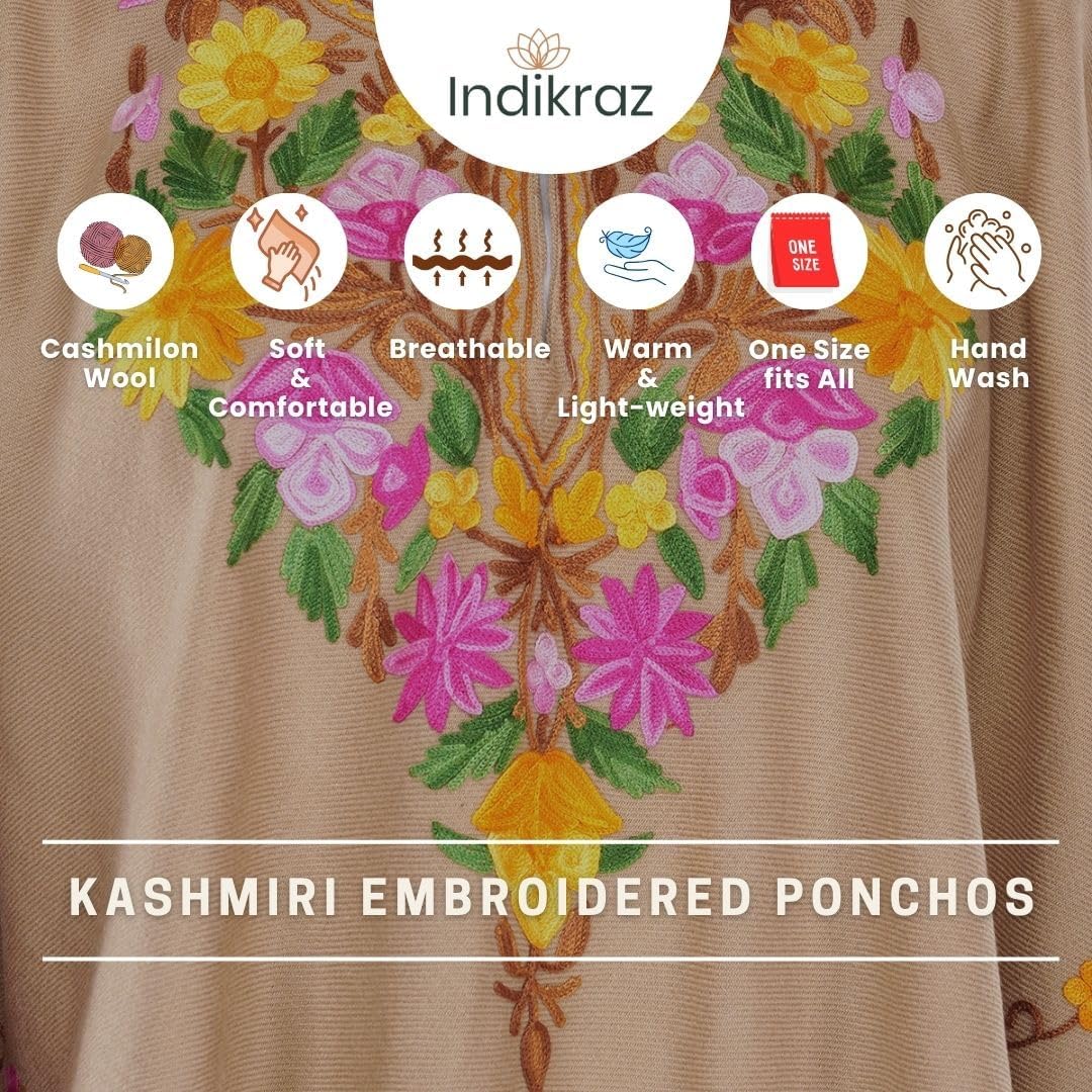 Premium Women's Kashmiri hand embroidery floral woollen poncho Indian cape wrap shrug Free size - Image 6