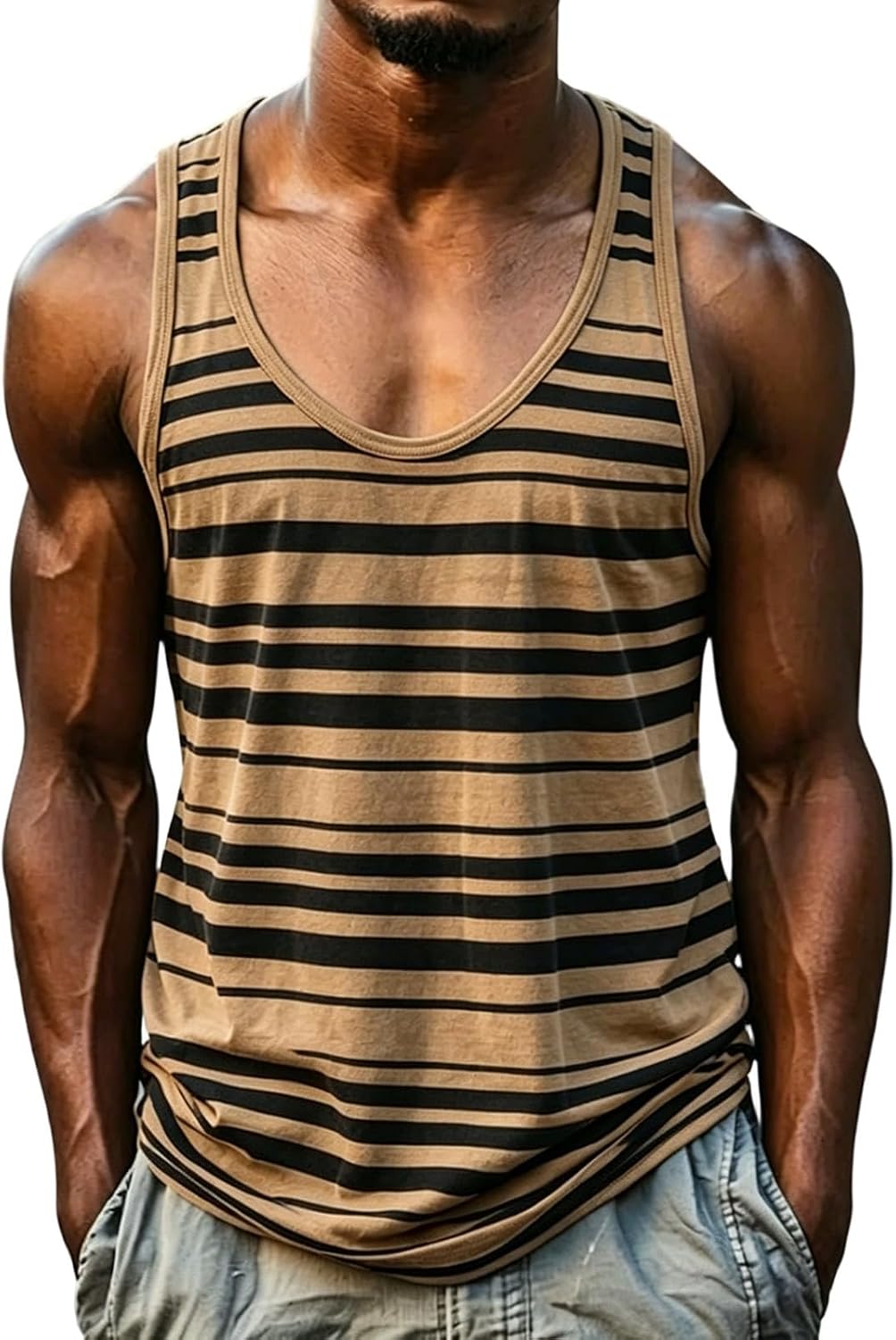 Mens Striped Tank Top Summer Sports Cut Off Tee Plus Size Casual Tops Athletic Bodybuilding U Neck Sleeveless T Shirt
