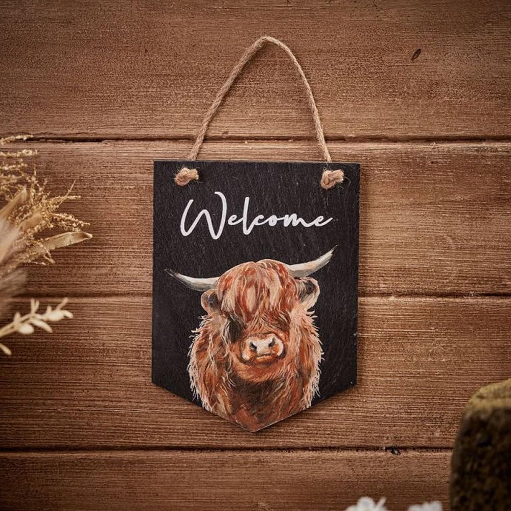 Richard Lang Multi Slate Dougal Highland Cow Welcome Plaque
