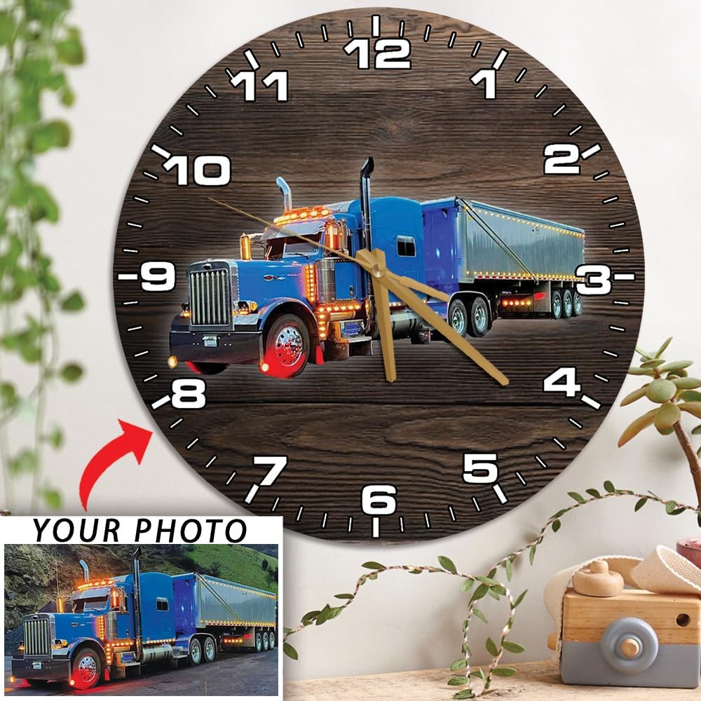 Personalized Photo Wall Clock for Trucker Big Truck Semi Truck Lovers, 12 Inch Wooden Clock, Big Rig Home Decor, Truckers Xmas Gift, Truck Driver Gift