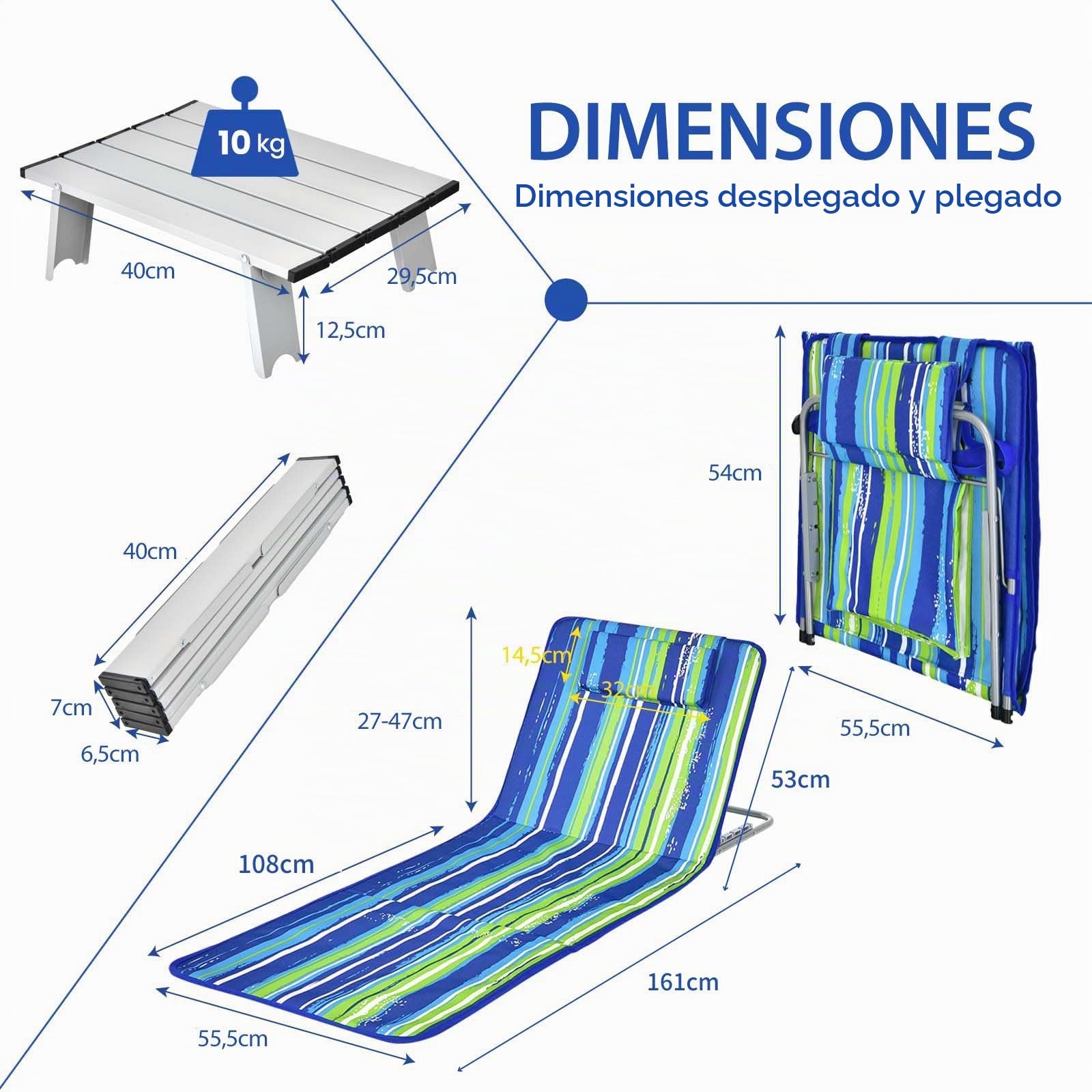 COSTWAY Set de Esterilla de Playa con Respaldo Plegable y una Mesita, Set Tumbonas Regulables 5 Posiciones para Relajarse Exterior Tomar el Sol, Sillas Regulables Portátiles para Playa Camping (Azul)