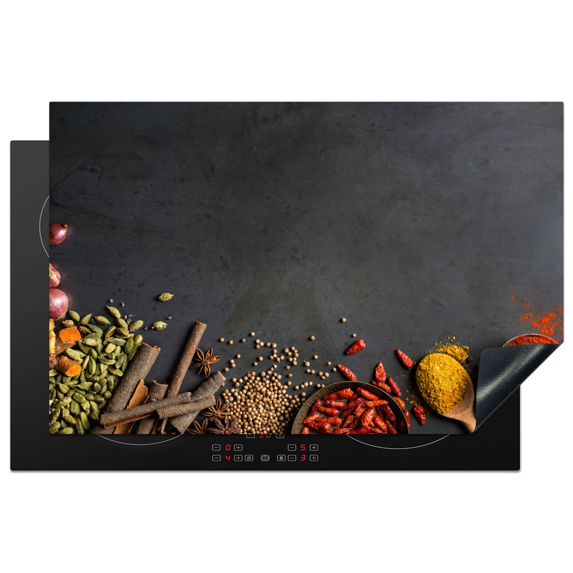 KitchenYeah© Induction Hob Cover Protector Mat 20.5"x31.5" / 80x52 cm Kitchen Universal Ceramic Covers for Electric Cookers Vinyl Herbs - Food - Spices - Black - Paprika - Cinnamon — image 1
