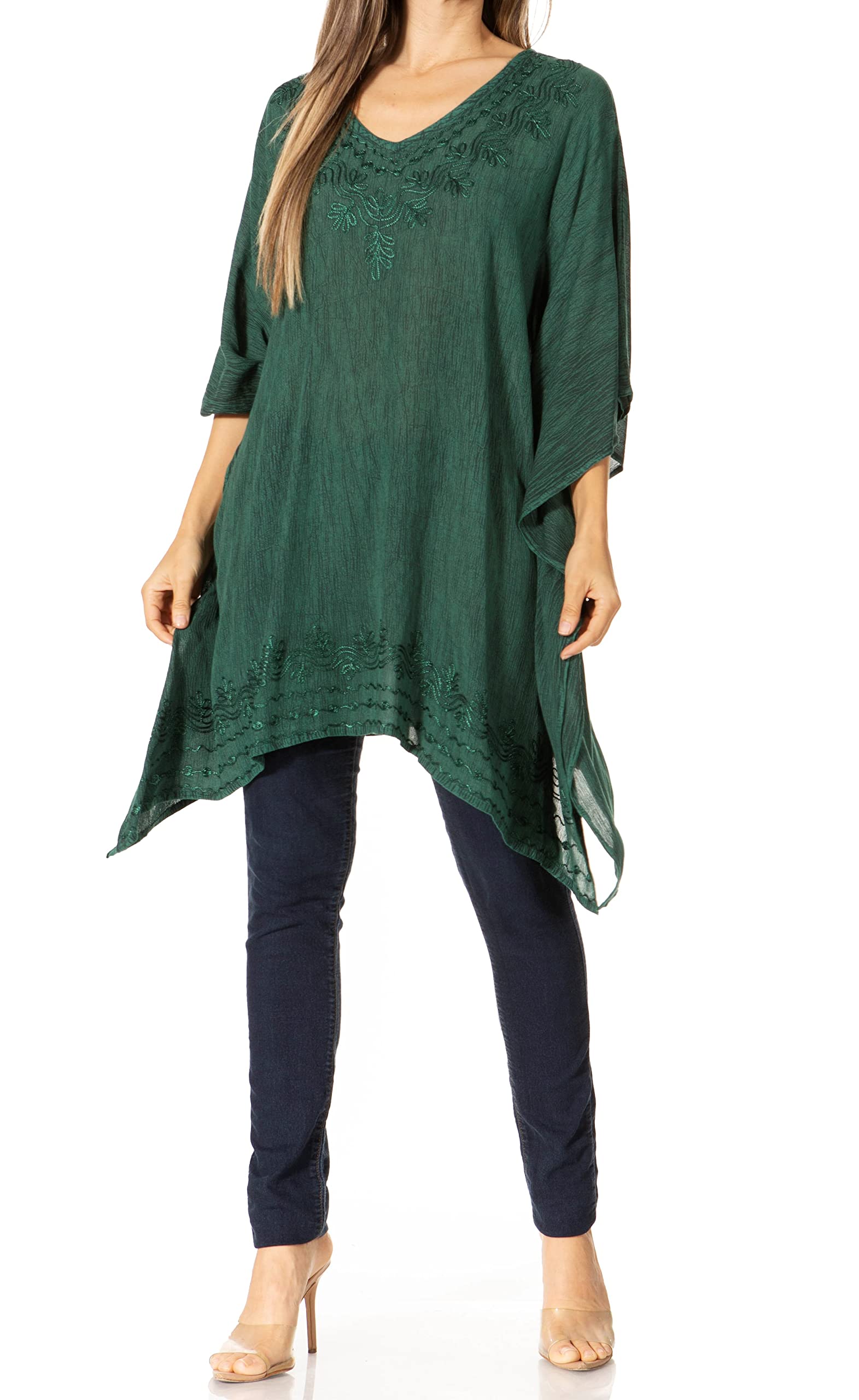 Sakkas K2022S - Wren Lightweight Circle Poncho Top Blouse with Detailed Embroidery - A-ForestGreen - OS