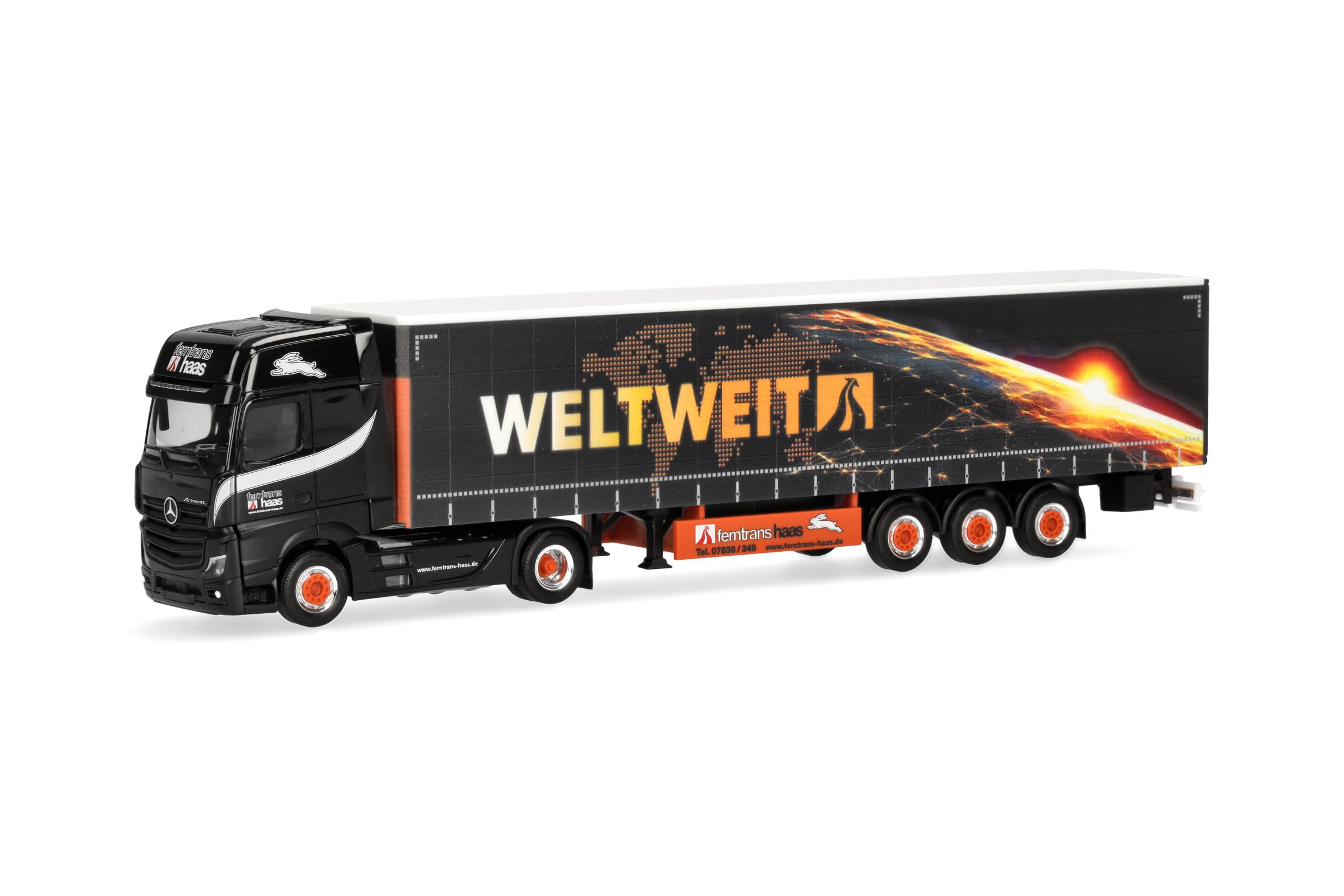 Herpa modèle réduit Camion Mercedes-Benz Actros L 18 Gigaspace Semi-remorque bâchée « Ferntrans Haas/weltweit », Miniature à l’échelle 1:87, pièce de Collection, Made in Germany, Plastique - 1