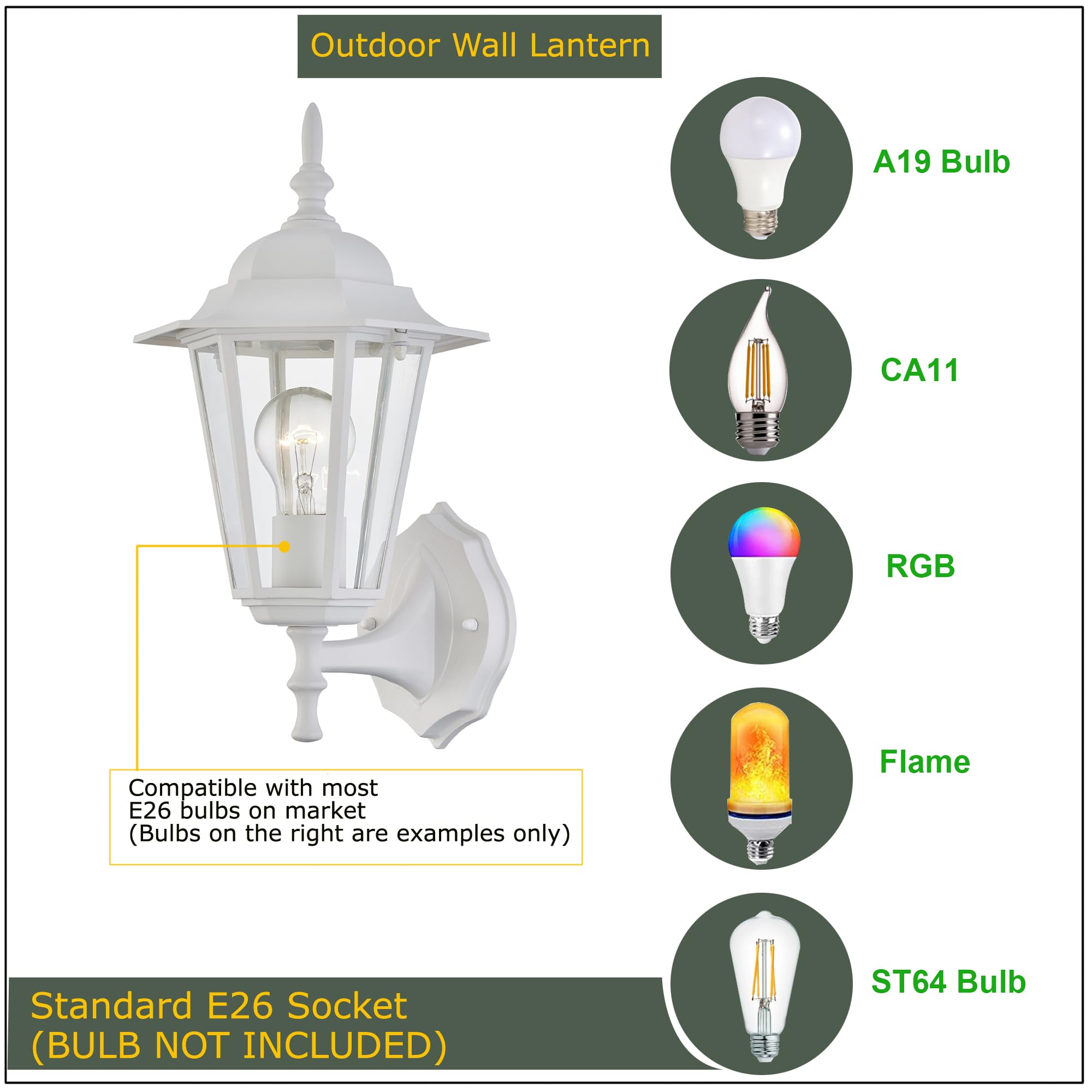 WISBEAM Lanterna da parete per esterni, applique da parete come lampada da portico, base E26 60W Max, alloggiamento in metallo più vetro, posizione bagnata, certificazione ETL, lampadine non incluse