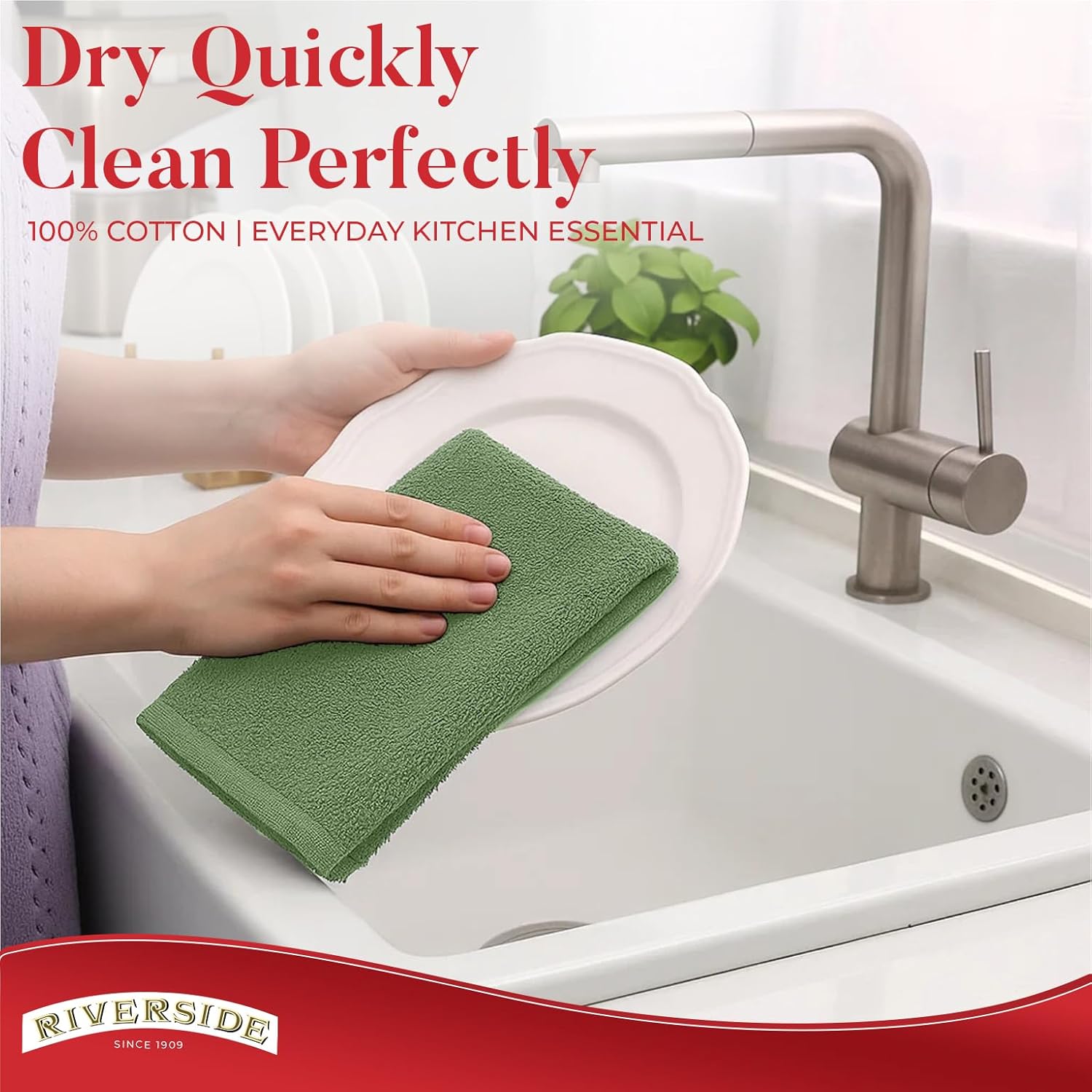 RIVERSIDE Bar Mop Towels Pack of 12, 16x19 Inches, 100% Ring Spun Cotton Terry Cloth Kitchen Towel, Highly Absorbent & Reusable Multipurpose Cleaning Rags for Bathroom, Hotel, Restaurant, Sage Green