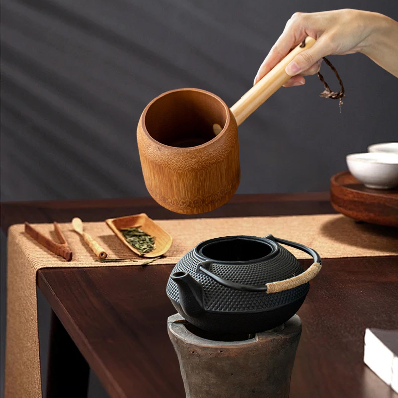 Bothyi Bamboo Bath Ladle Tea 400ml Rustic Rice Spoon Serving Spoon Shower Water ladle for Household Pouring Tea Ceremony, Dark Color