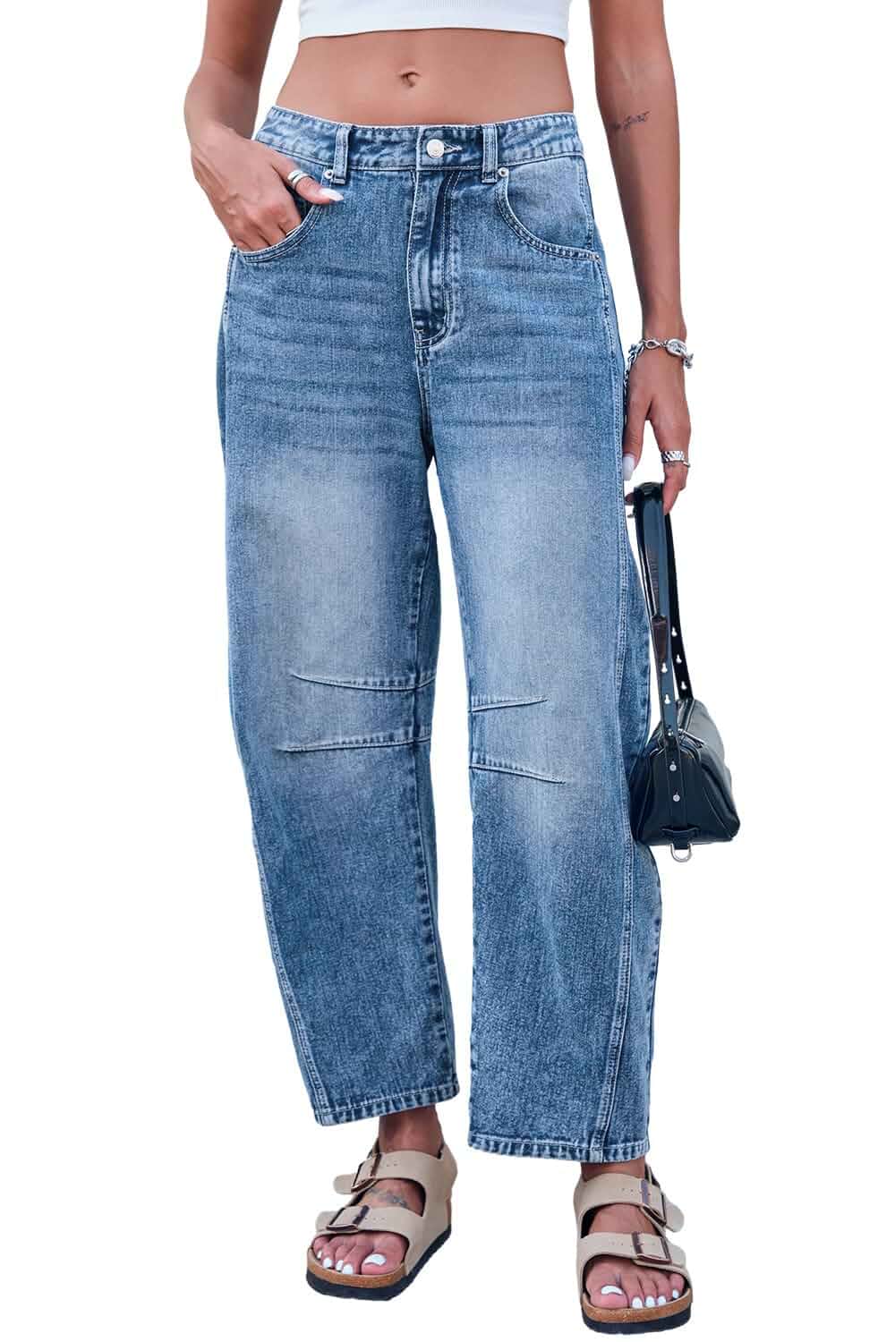 GREAIDEA Barrel Jeans for Women Mid Rise Stretchy Baggy Denim Ankle Pants Barrel Leg Cut, Mid Waist, 26''Inseam, Wide Leg,Tapered,Trendy Crop Boyfriend Jeans,Relaxed Fit,For Daily Wear,Dressy Casual