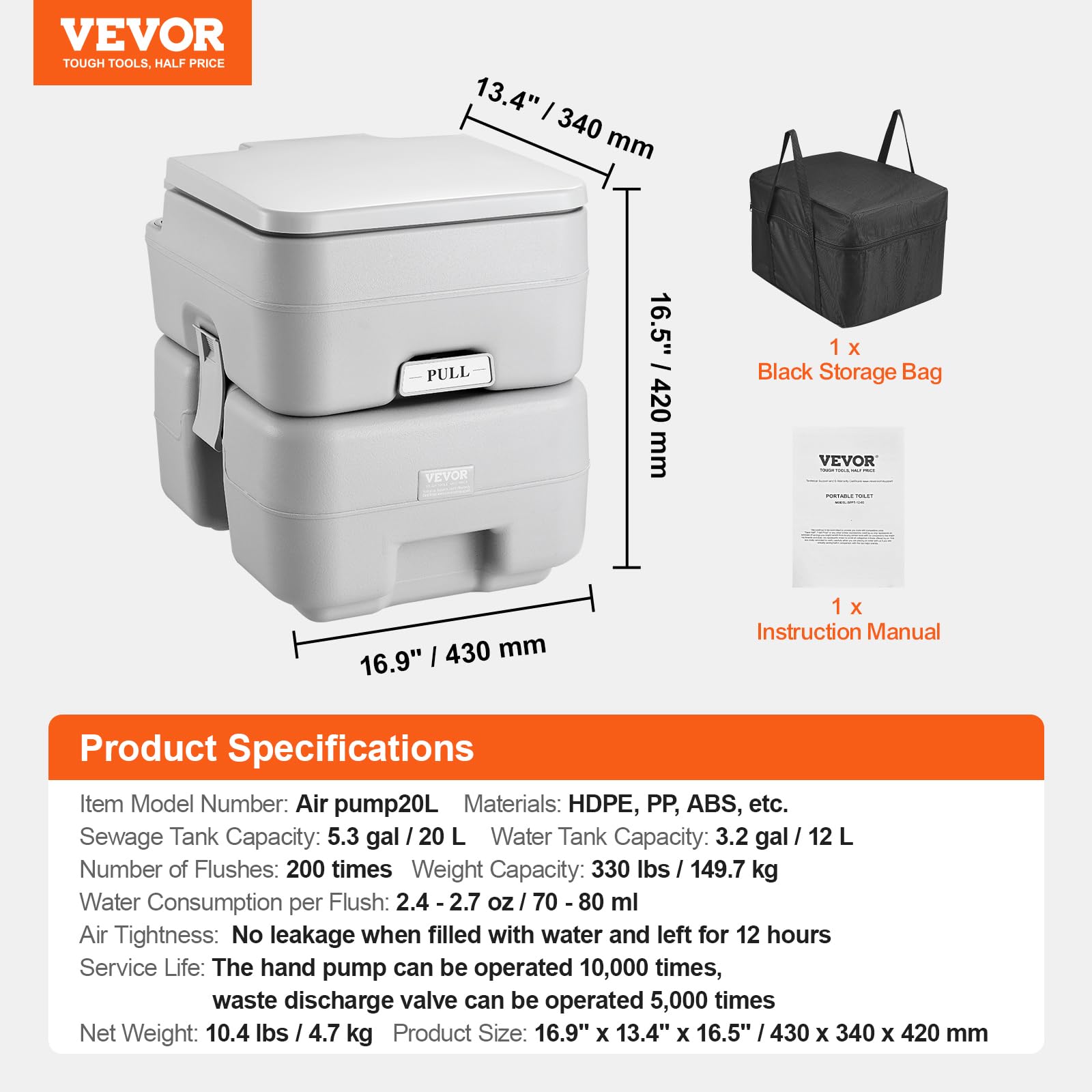 VEVOR Inodoro Portátil para Acampar con Bolsa de Transporte, Tanque de Desechos de 20 L y Tanque de Descarga de 12 L, Presurizado con Botón, a Prueba de Fugas, para Autocaravana, 430 x 340 x 420 mm