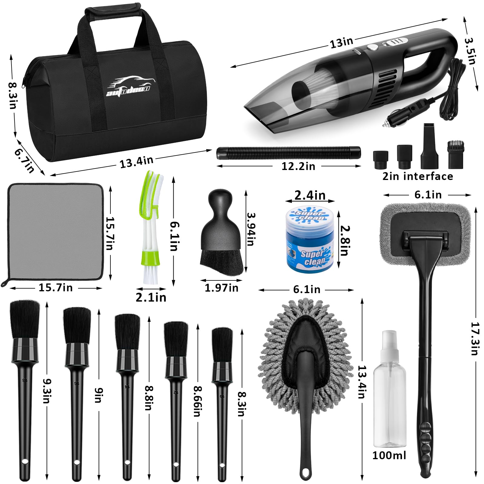 Kit di Pulizia per Auto, Kit di Pulizia per Interni dell'auto, con aspirapolvere Portatile ad Alta Potenza, Set di spazzole, Strumento per Parabrezza, spolverino, Asciugamani, Strumenti
