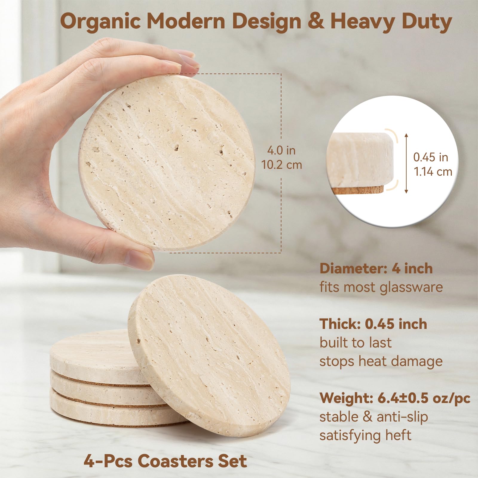 Natural Travertine Coasters - Set of 4 -4 Natural Travertine Coasters - Set of 4 -4