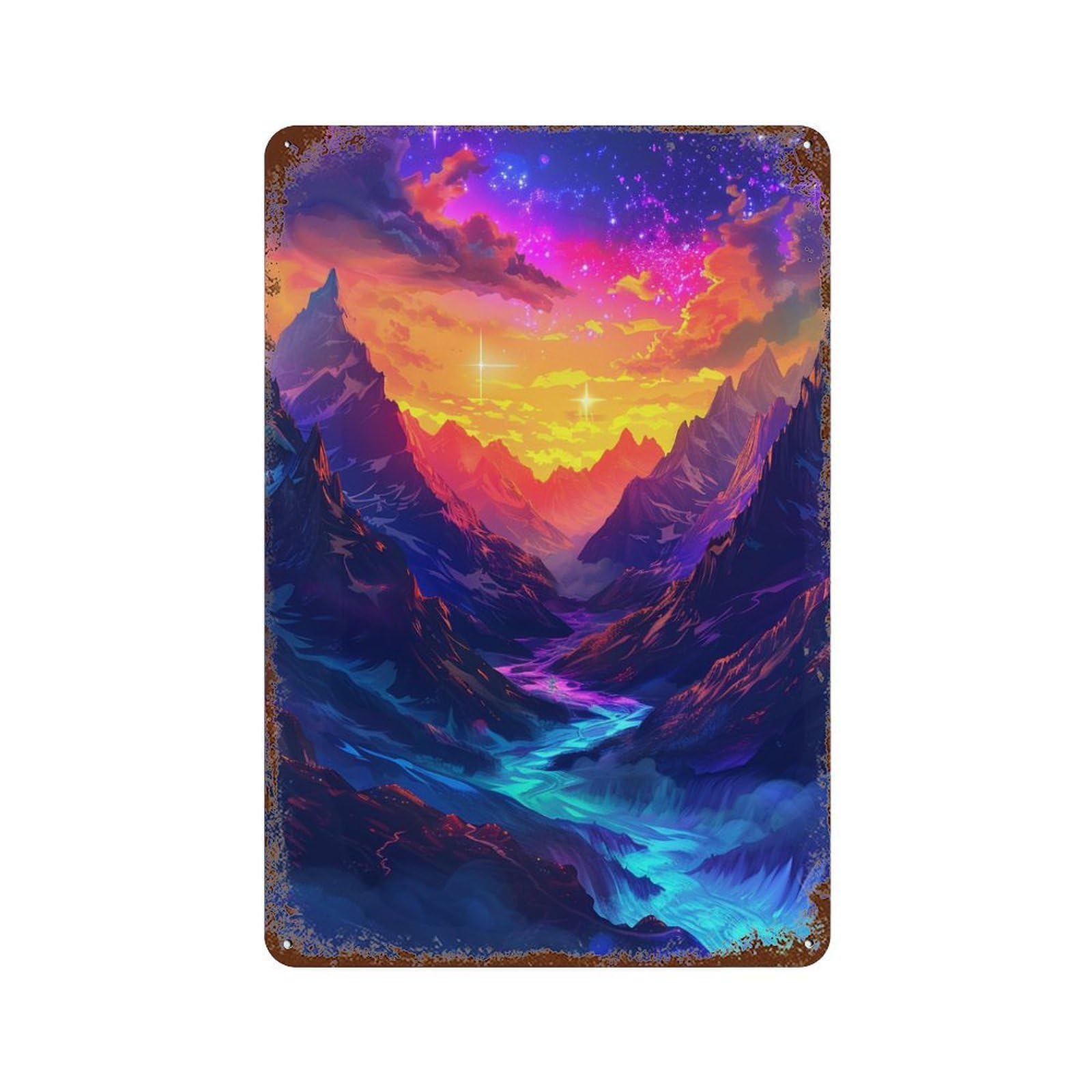 Fantasy Mountain Sunset Retro Metal Sign 11.8"x7.9", Vintage Wall Decor for Bistro, Counter And Cafe Decor