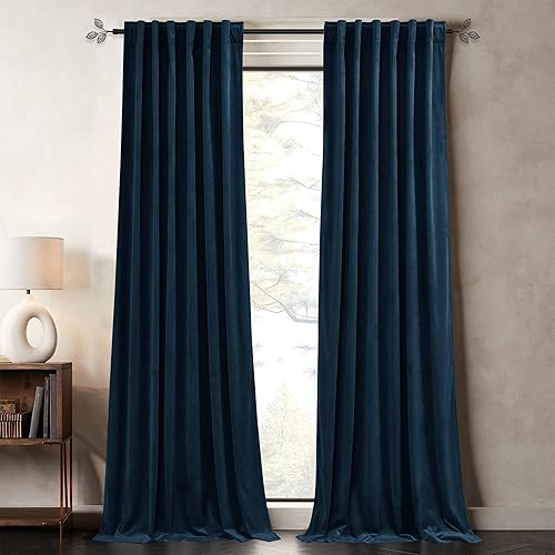 PONY DANCE Cortinas opacas de terciopelo azul prusiano de 96 pulgadas para sala de estar, tratamiento de ventana de terciopelo súper suave con