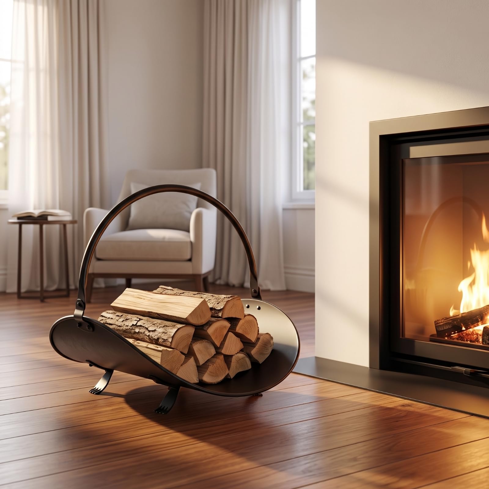 Estante para Leña Soporte Leñero Portátil Organizador Revistero con Asa de Hierro Negro sin Montaje Base Curva Elevada Antideslizante Adecuado para Chimenea Interior Sala de Estar