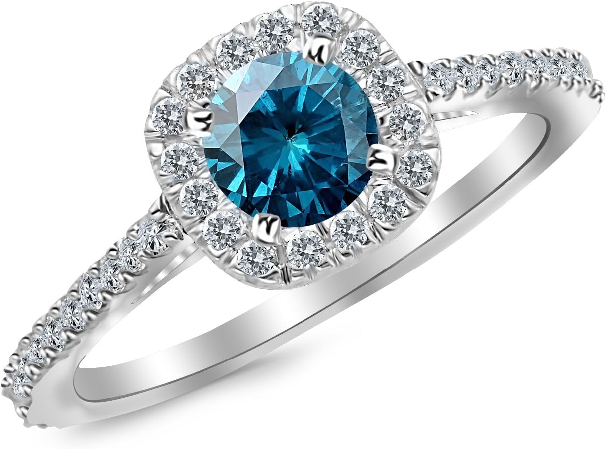 Houston Diamond District 0.85 to 2 Carat Gorgeous Classic Cushion Halo Style Diamond Engagement Ring with a 0.5 Carat Blue Diamond Center (Heirloom Quality)