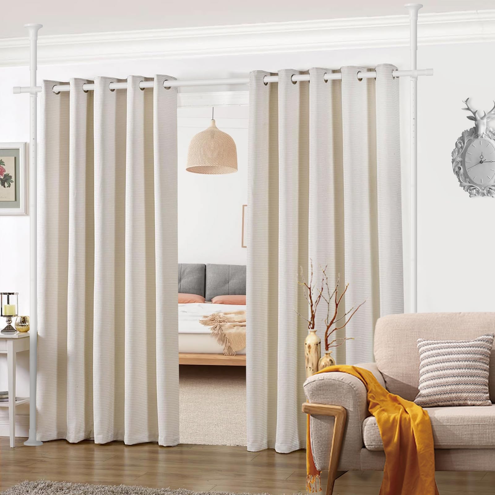 FLY HAWK Room divider curtain rod,Anywhere Expandable Room Divider, Tension Curtain Rod, Damage Free Freestanding Vertical Tension Stand, maximum extension W:70inch H:125inch (White)
