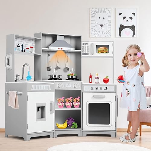 Miniatura 7 de JOYLDIAS Cocina de juego para niños, esquina de madera con luces y sonidos realistas, horno microondas, dispensador de agua, teléfono, fregadero,