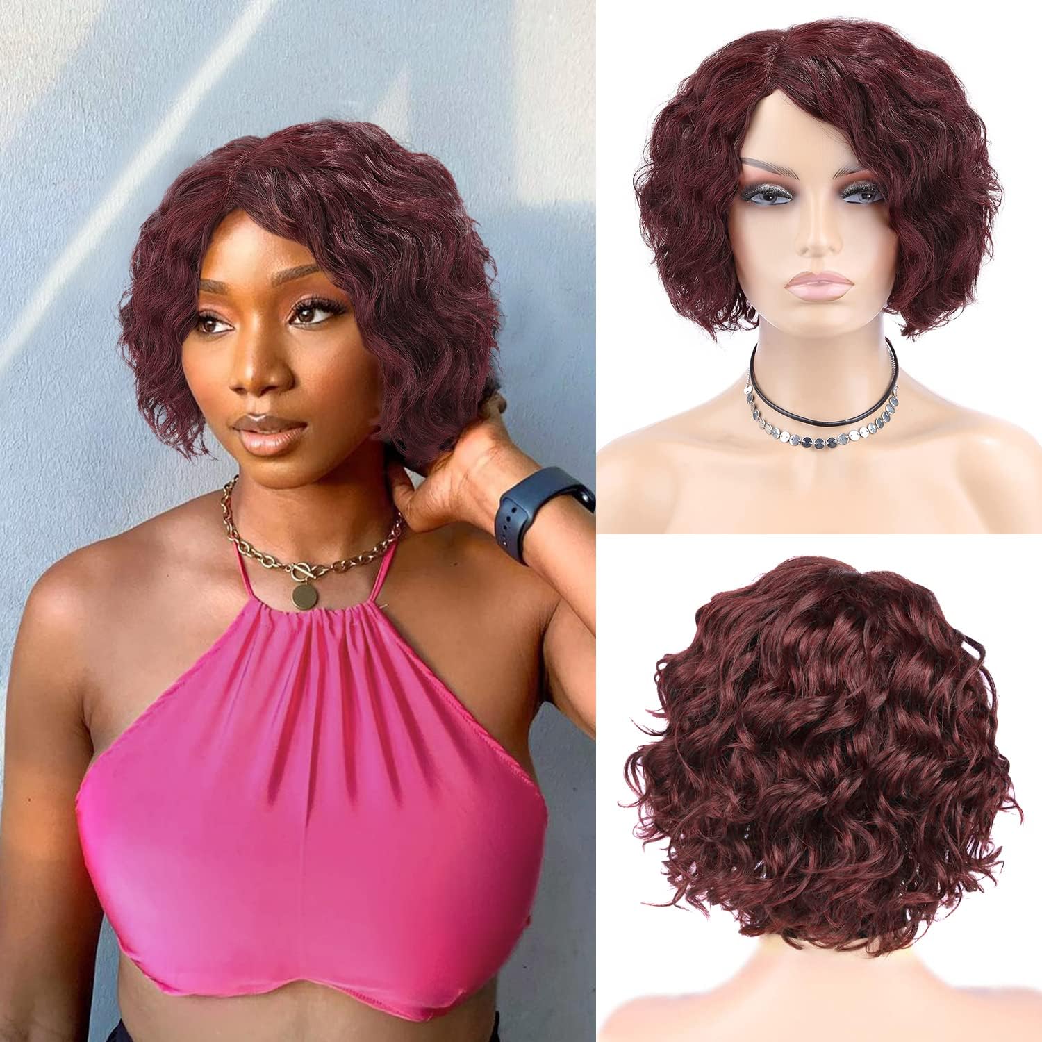 FAVE Short Curly Bob Wigs for Black Women 8 inches Human Hair Wigs Glueless Side Part Bob Wig Pixie Wigs 99J Color Short Human Hair Wig Natural Looking (99J,8 Inches)