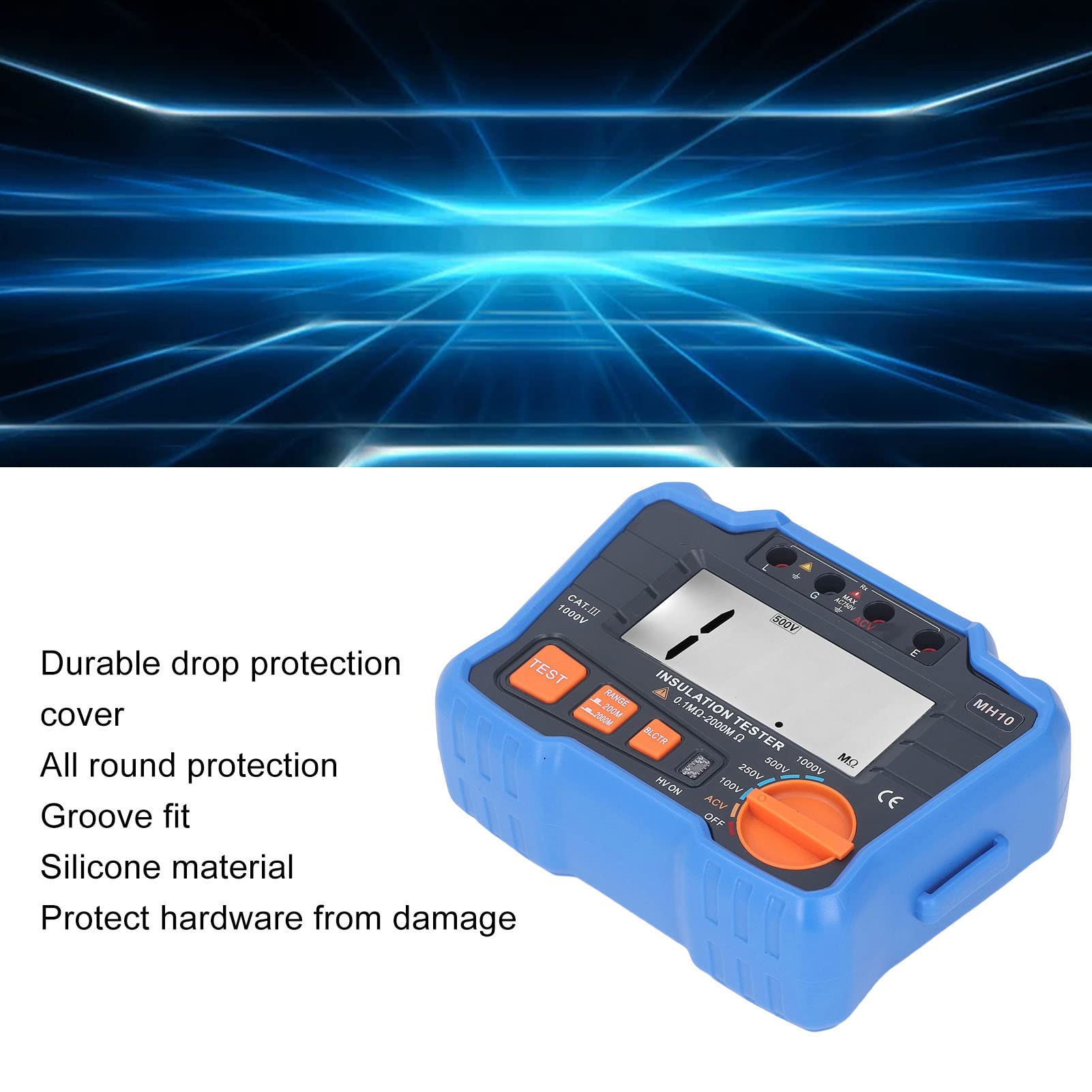 flexman Medidor digital de megaohmios, probador de aislamiento de resistencia a tierra eléctrica de alta precisión con cubierta duradera de protección contra caídas y pantalla grande LCD (Azul)