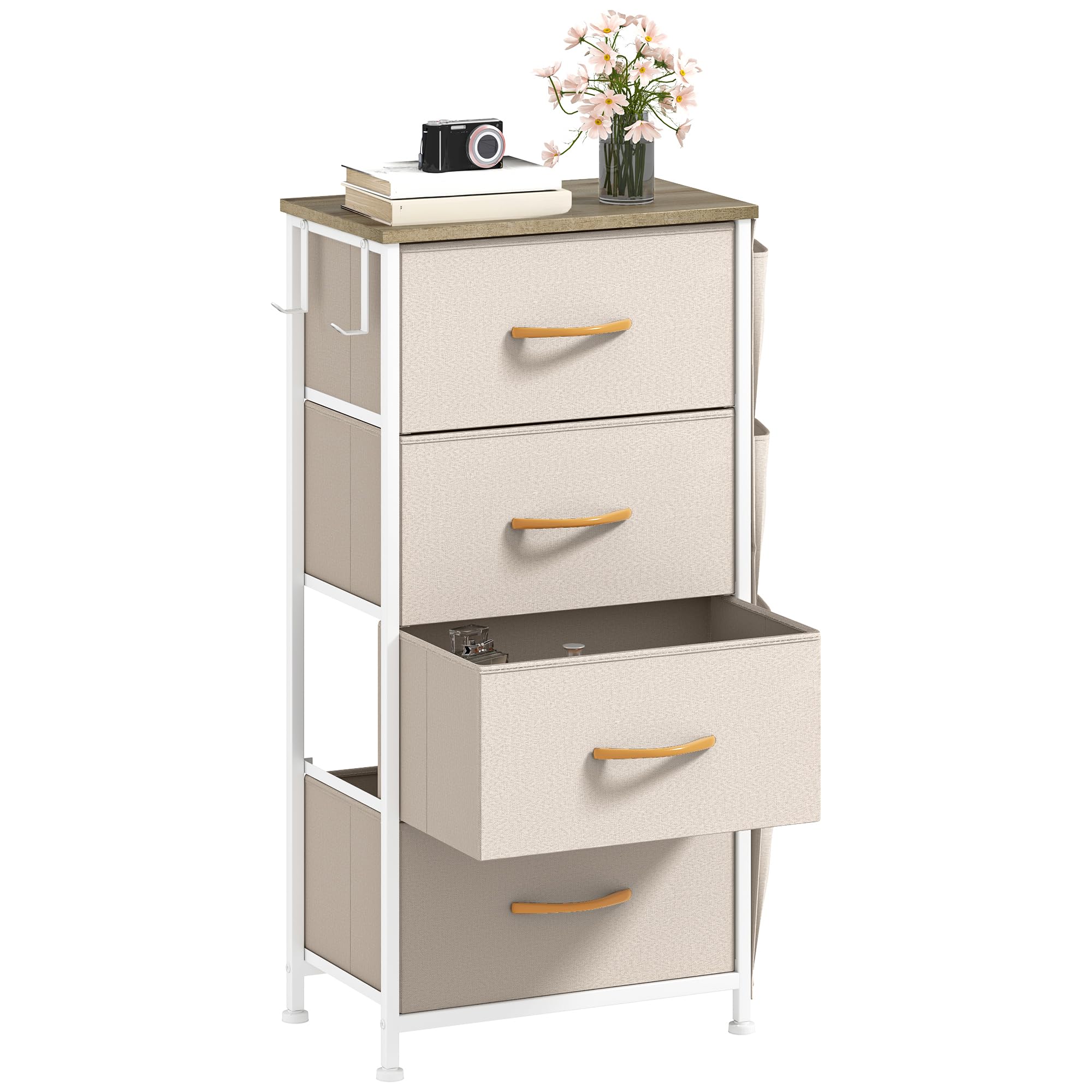 DWVO Narrow Chest of Drawers with 4 Drawers, Fabric Chest Drawers with Side Pocket&Hooks,Easy Pull Handle,Sturdy Steel Frame for Bedroom,Living Room,Beige