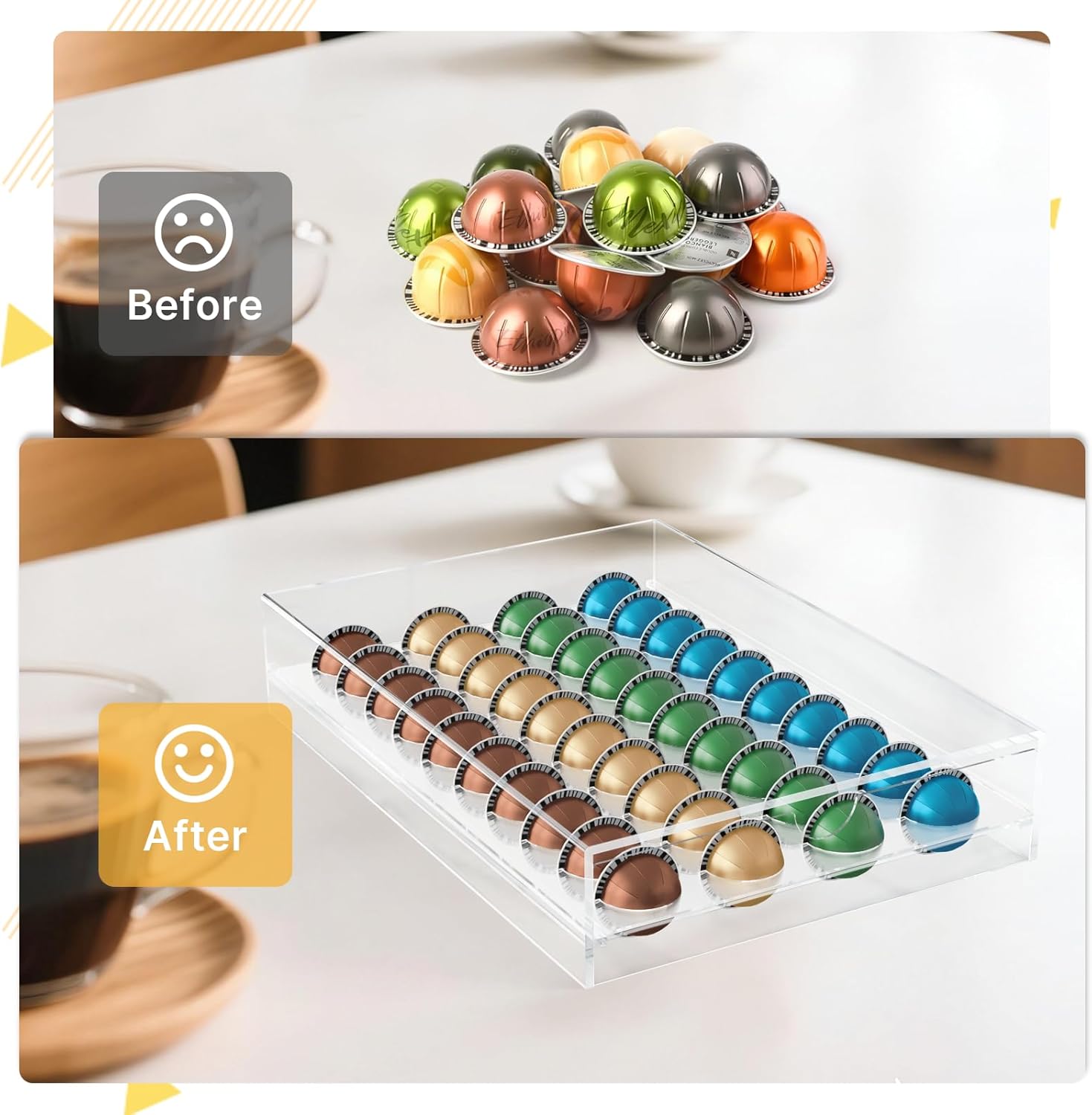 Pods Holder for Nespresso Vertuo Pod Holder, 40 Pods Capacity Acrylic Coffee Storage Drawer Organizer Suit for Home Office, Kitchen, Coffee Counter