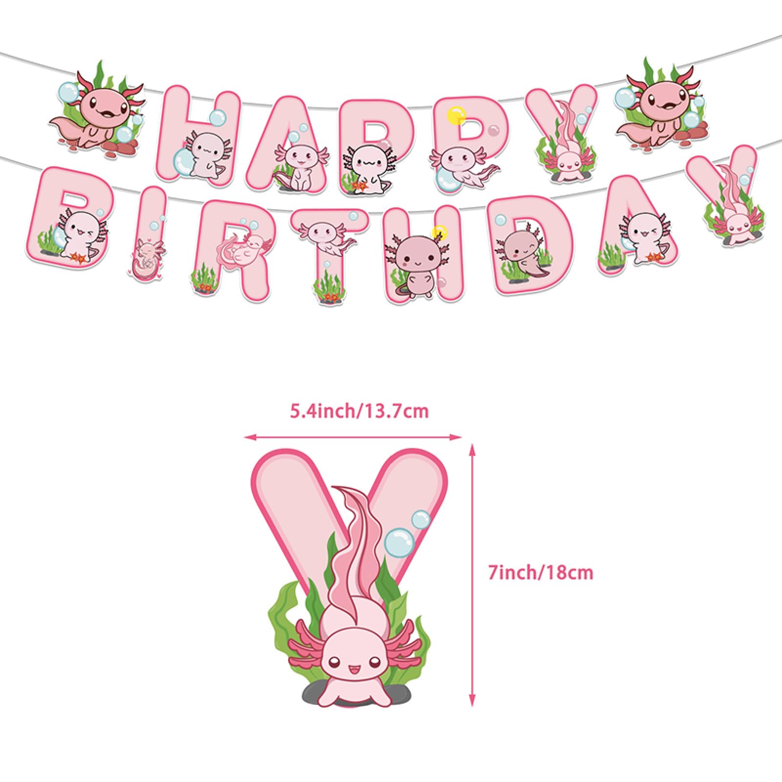 IPartyGo Axolotl Happy Birthday Banner - 12PC Pink Birthday Decor Backdrop Sign Party Supplies Set Cute Animals Photo Background Supplies Hanging Swirls Decorations Girls Boys Women Men Children Kids - View #3