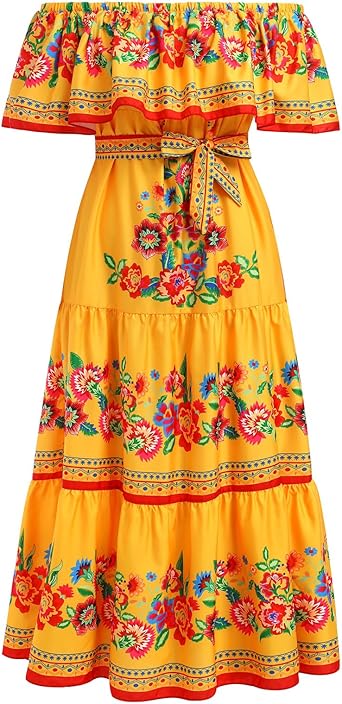 ABEHIK Women Mexican Dress Off Shoulder Floral Summer Casual Long Maxi Dress Beach Party Cinco de Mayo Dresses with Belt