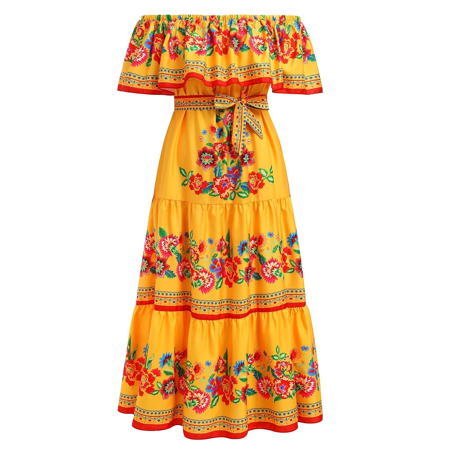 Women Mexican Dress Summer Floral Print Traditional Ethnic Wear Off Shoulder Beach Holiday Party Long Maxi Gowns - Review, Price and Buying Guide