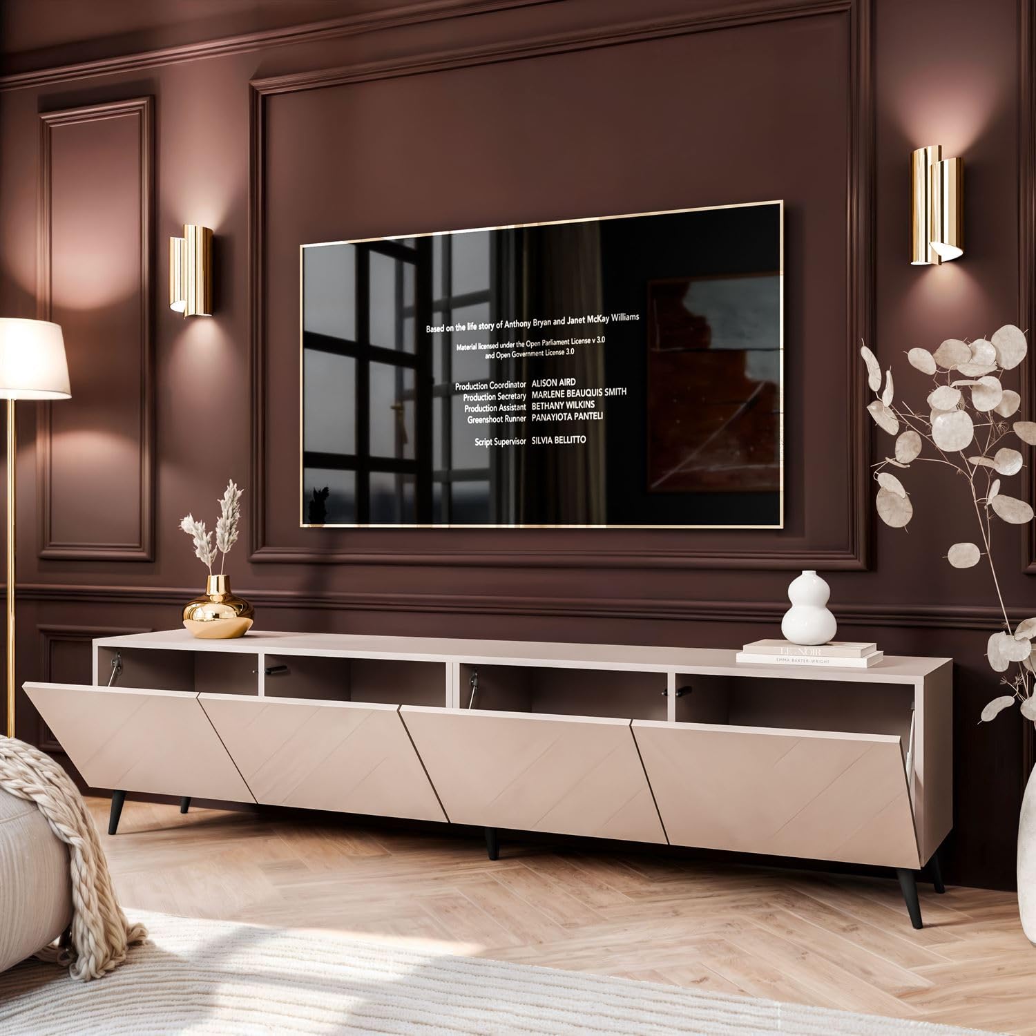 Lookway Moderner wandhängender TV-Schrank in Kaschmir Hochglanz, optional mit LED-Beleuchtung auf schrägen Onyx-Beinen – COLGANTE 200 cm (mit LED Beleuchtung, Beine: Schwarz)