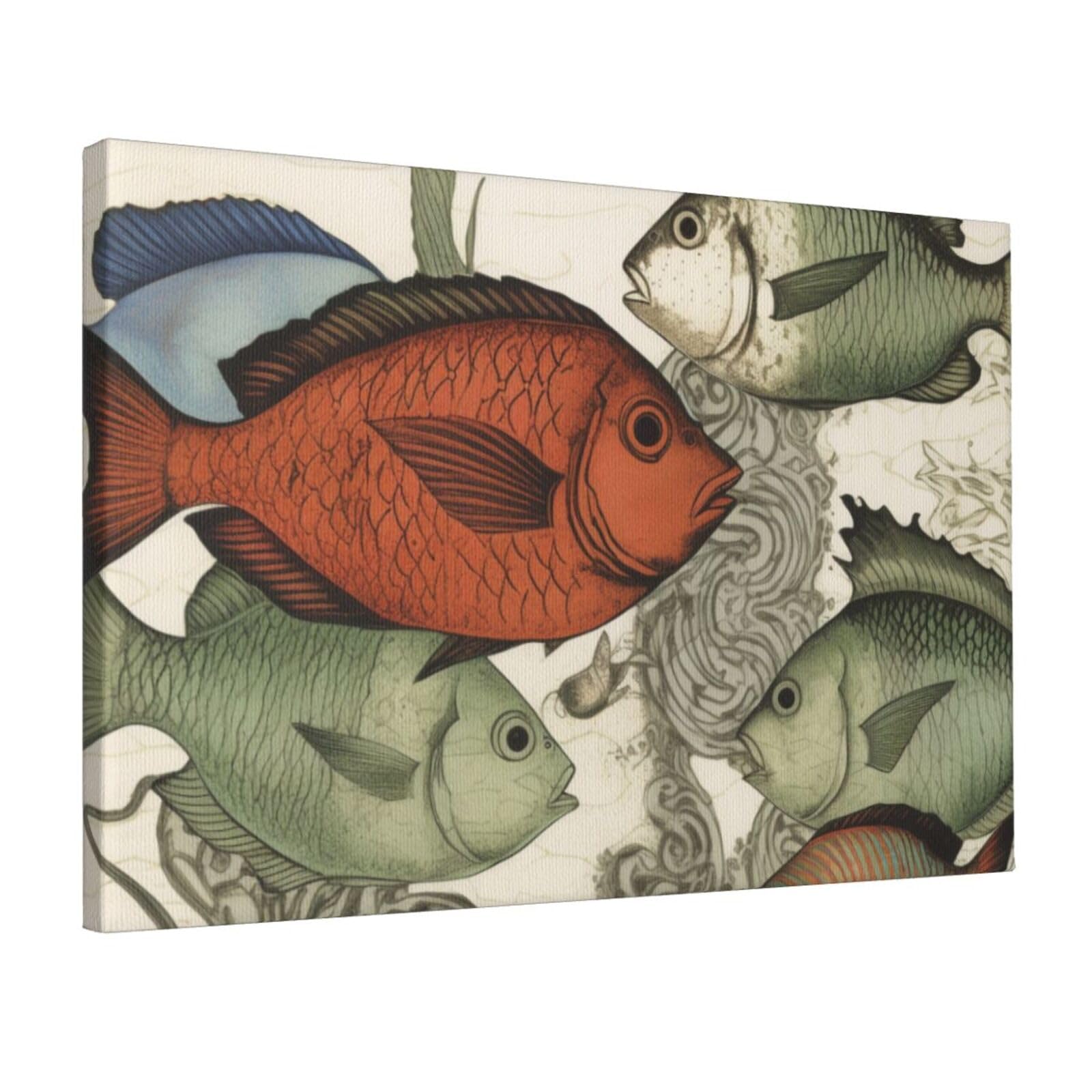 YKLJG Colored Fish Printed Wall Art Canvas Prints 45x30 CM Wooden Framed Picture Painting Artwork for Bedroom Kitchen Home Office Decor