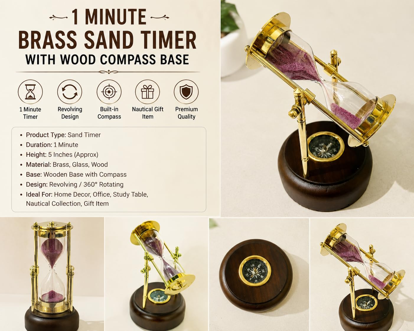 Antique Brass Sand Timer with Compass - Nautical Decor -2 Antique Brass Sand Timer with Compass - Nautical Decor -2