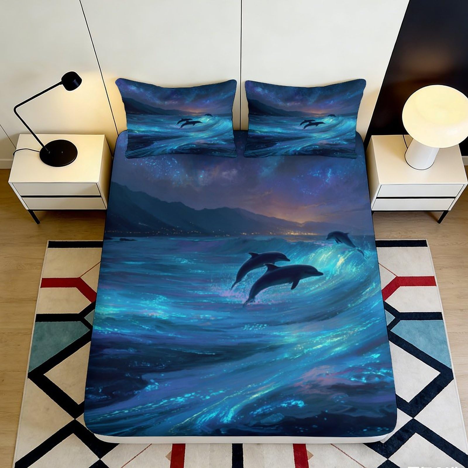 3D Printed Ocean Dolphin Fitted Sheet Microfiber Deep Pocket Non-Slip Bedding Ocean Mattress Fitted Cover Washable Elastic Hem 180x200x25cm