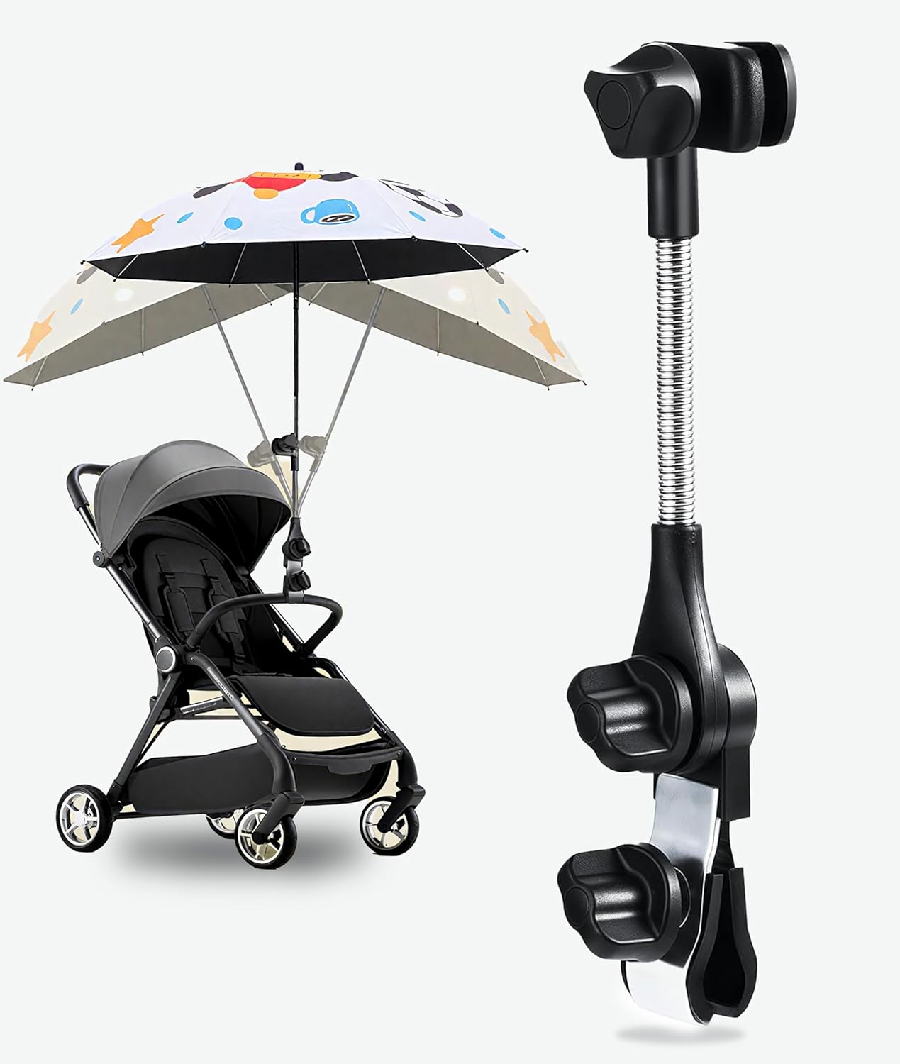 Universal 360° Adjustable Stroller Umbrella Attachment, Umbrella Holder for Chairs, Bikes & Wheelchairs - Clamp Fits 0.6-1.2in Handles, Beach Camping Gear