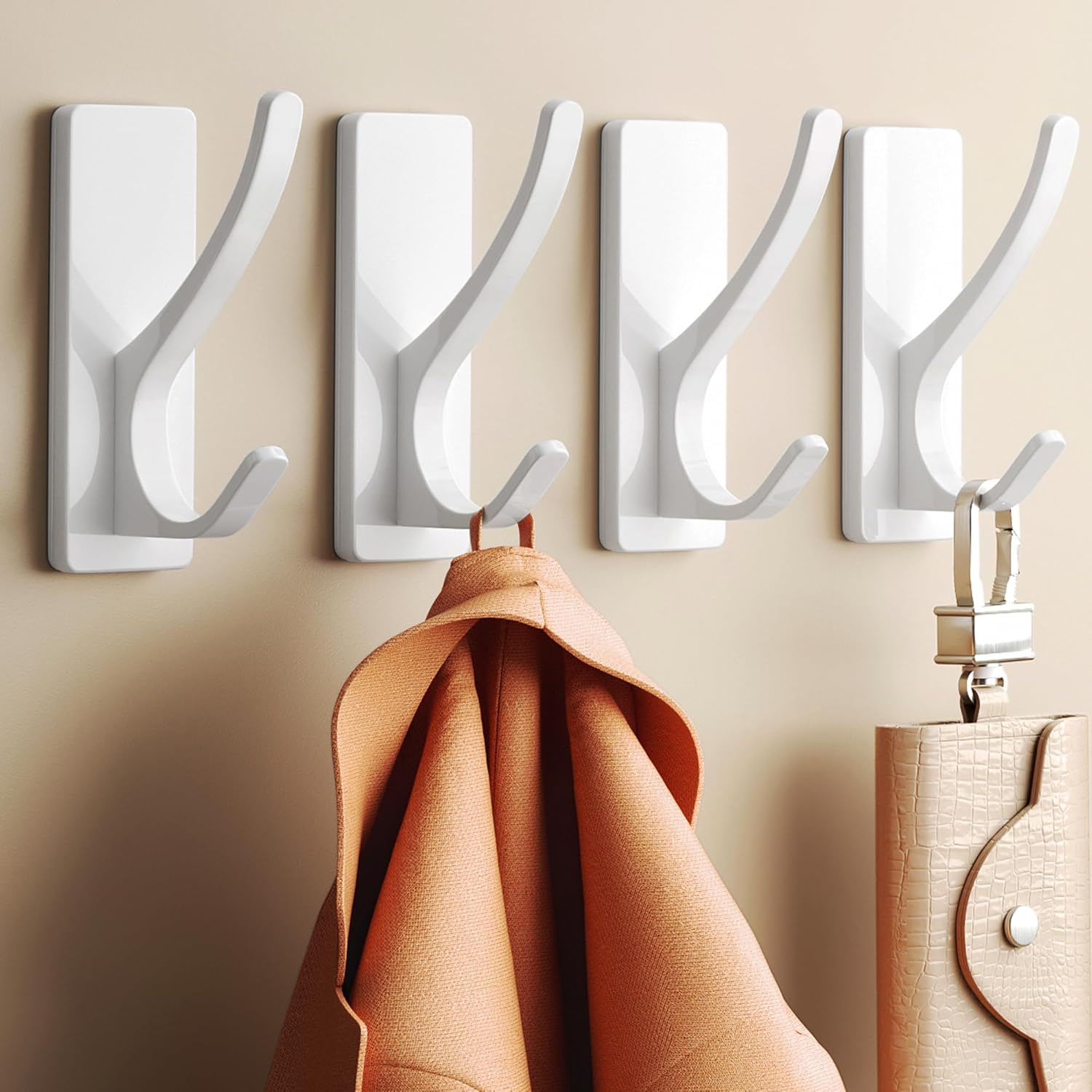 Self Adhesive Towel Hooks: Extra Strong 13LB, Stainless Hook for Hanging Loofah, Towels, Coat, Bath Robe Bathroom Shower, White, 4 Pack