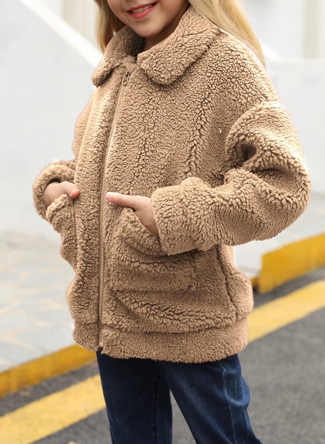 Sidefeel Girl's Soft Lapel Fleece Zip Up Faux Shearling Fluffy Cropped Jacket Coat: Clothing, Shoes & Jewelry