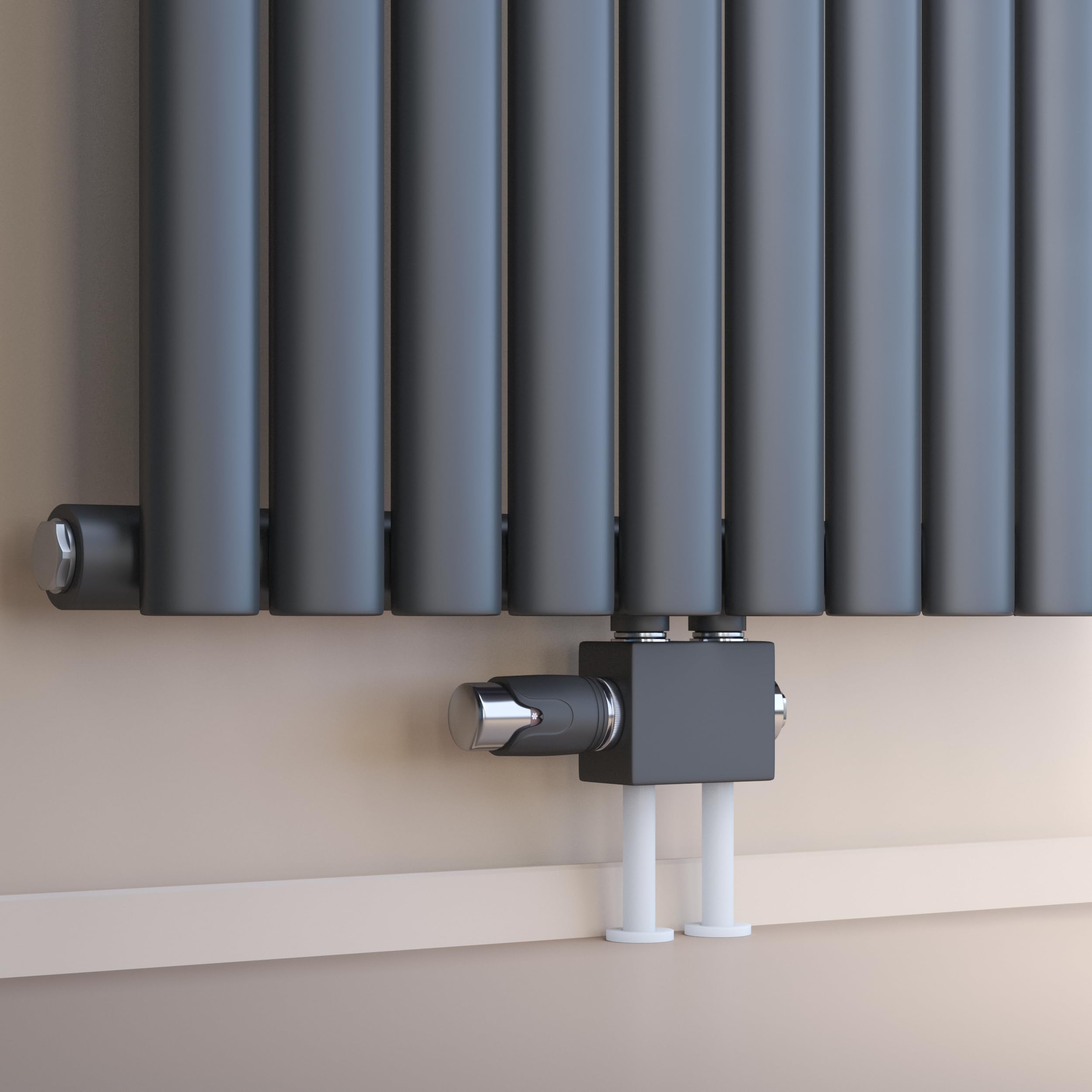 VILSTEIN® Universal Heizkörperanschluss Set [MIT THERMOSTAT] - Multiblock Anschluss für Heizung - Zweirohrsystem Hahnblock Schwarz - Ventilhahnblock Amaturensystem - Durchgangs - & Eckanschluss