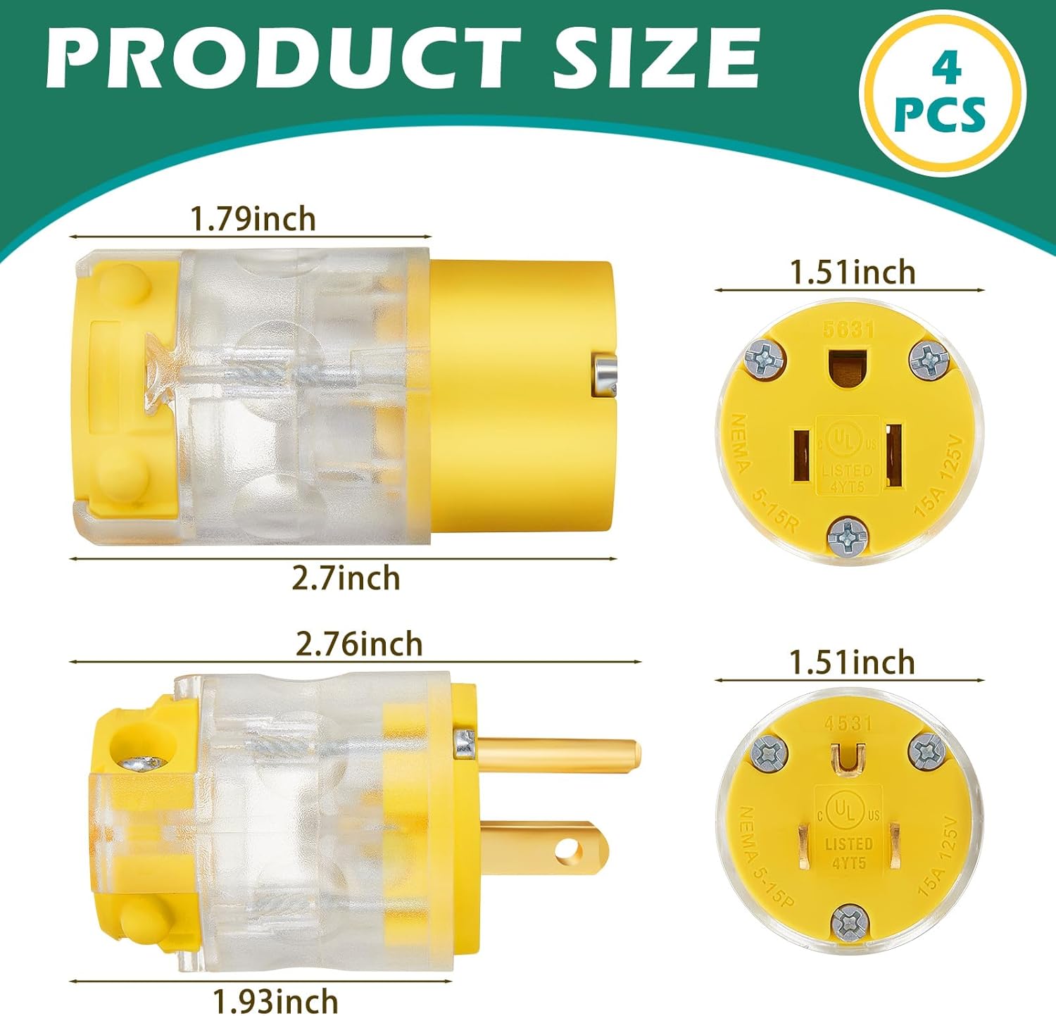Flutesan 4 Set 8 Pcs Lighted Plug and Connector Set Straight Blade Cord End Replacement 15A 125V Compatible with NEMA 5-15P and 5-15R 2 Pole 3 Wire Grounding Extension Cord Replacement Ends (Yellow)