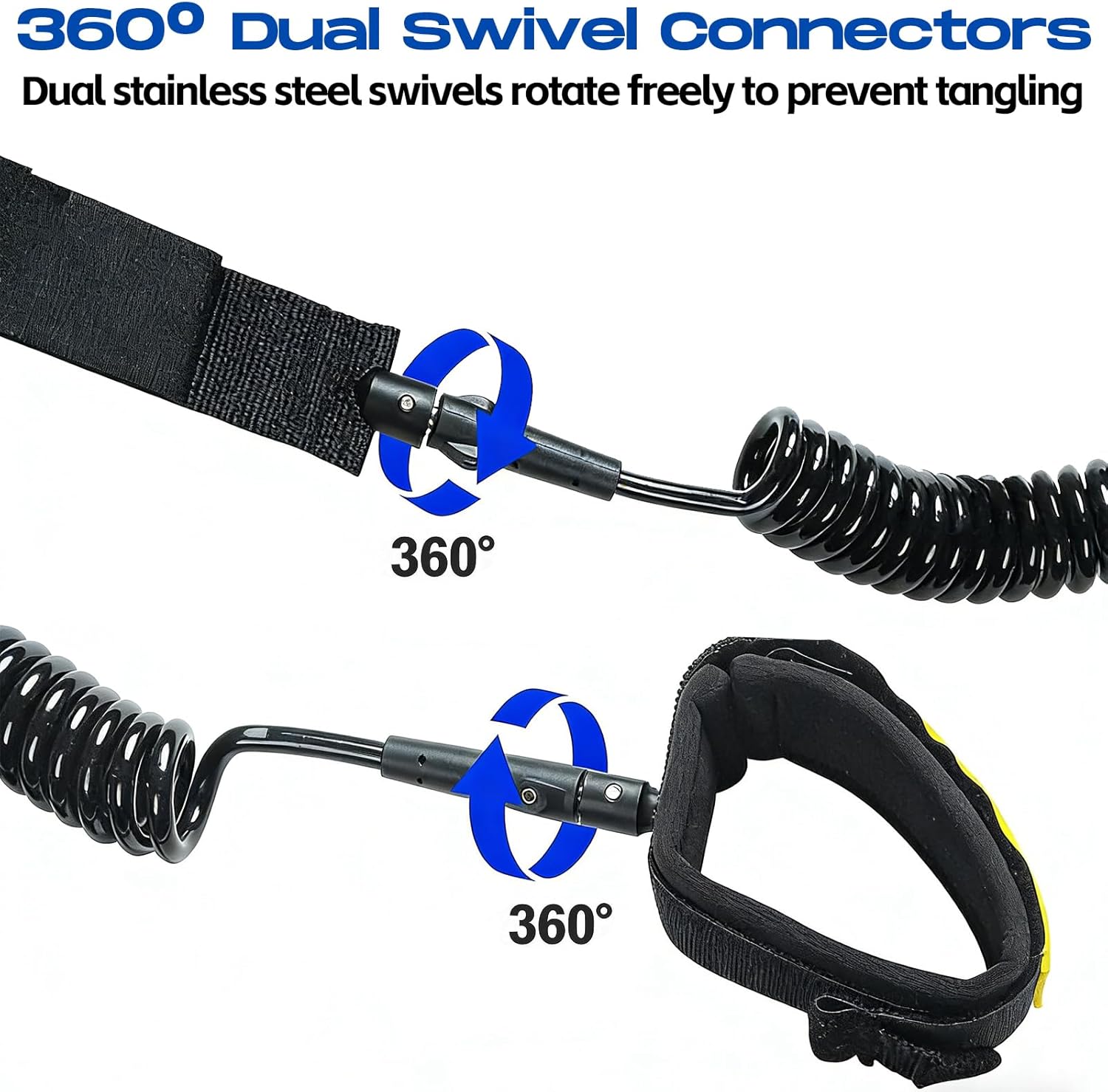 Mountocean Paddleboard Leash, All-Around 10 ft Coiled SUP Leash, Comfortable Ankle Cuff, Double Swivel, Anti-Tangle Ankle Leash for Stand Up Paddleboards