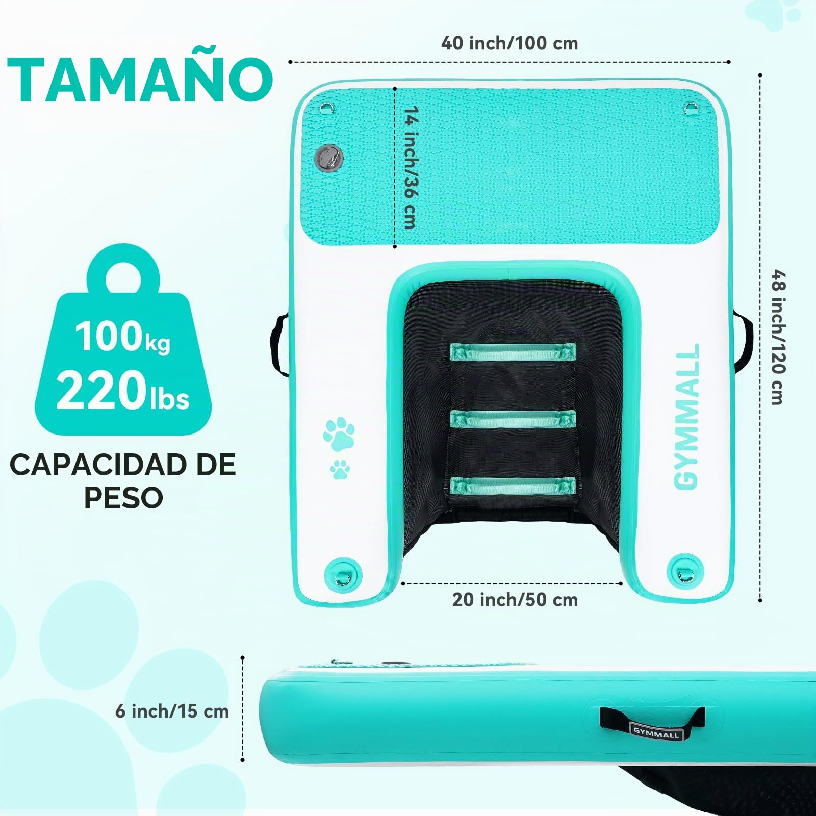 Plataforma Inflable para Perros 120x100cm, Rampa de Agua para Barcos, Piscinas, Lagos y Mar, Plataforma Flotante Antideslizante para Perros de hasta100kg, Rampa de EVA con Escalera para Perros