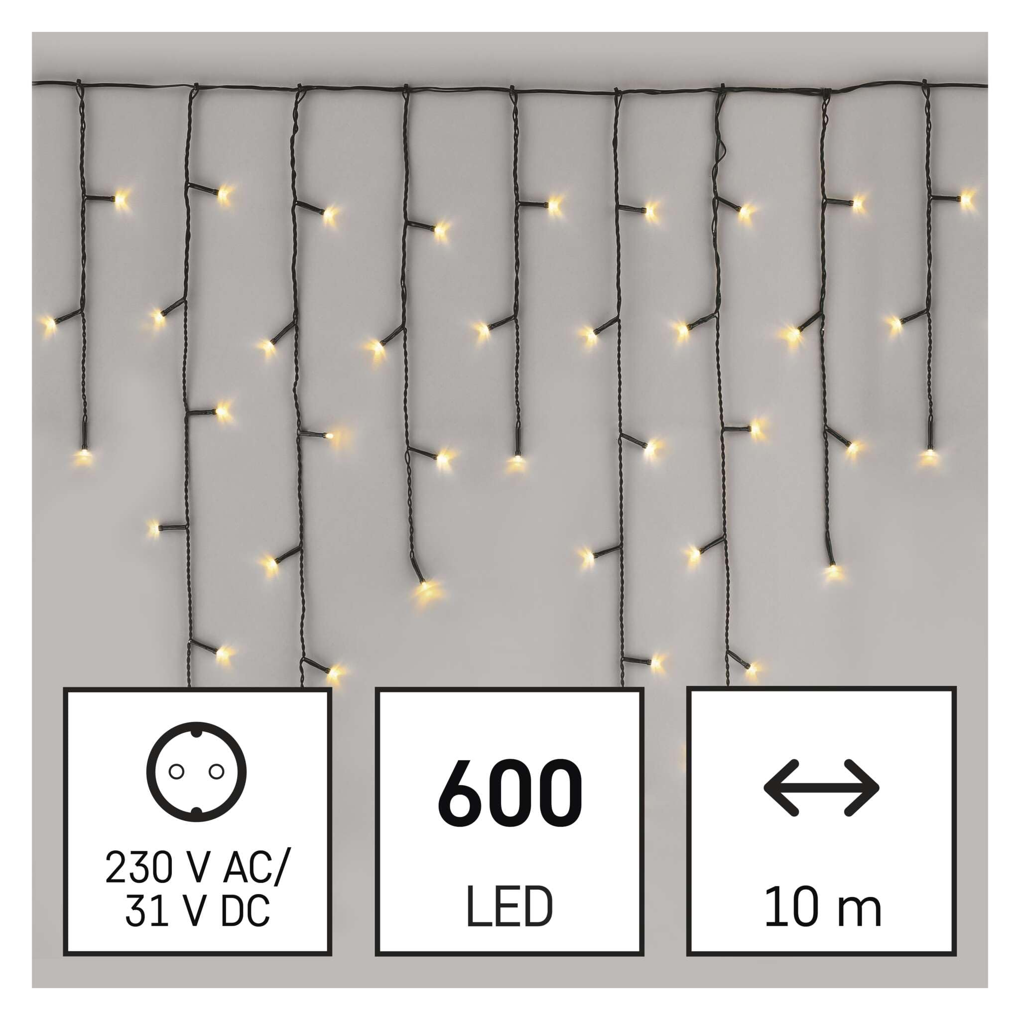 EMOS LED-Eisregen Lichterkette, 10m Weihnachtslichterkette + 5m Zuleitung, 600 LEDs, 8 Lichtmodi, Netzteil, IP44 für Innen und Außen, Warmweiß