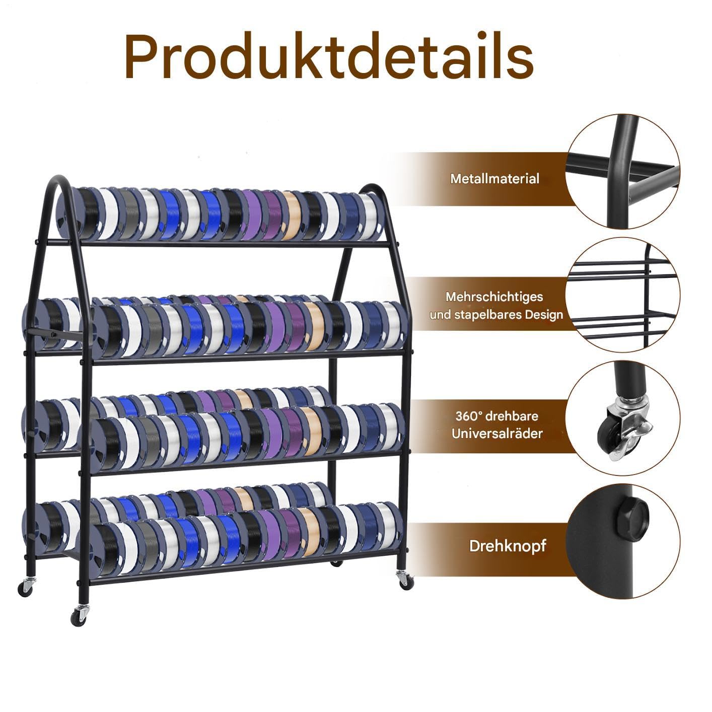 Scaffale per filamenti per stampante 3D, 102 pezzi, doppio lato, 7 file, supporto per bobine di filamenti con ruote, robusto scaffale in metallo per filamenti PL.A/ABS/TPU, organizzato per studio di