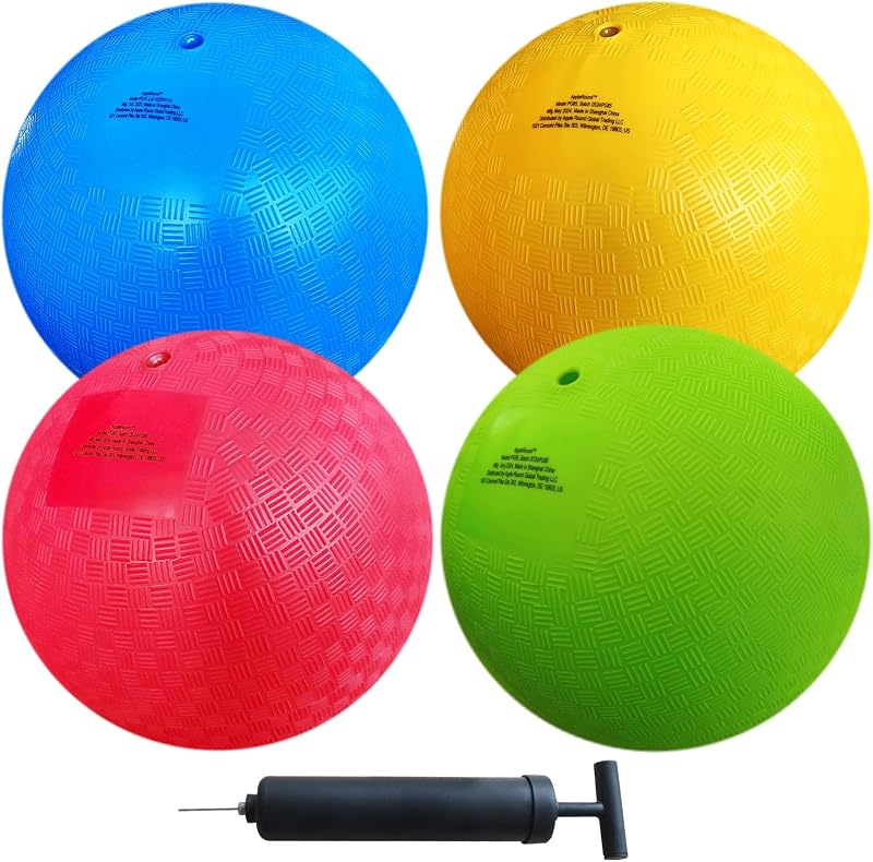 8.5-inch Dodgeball Playground Balls, Pack of 4 Balls with 1 Pump, Official Size for Dodge Ball, Handball, Camps and Schools