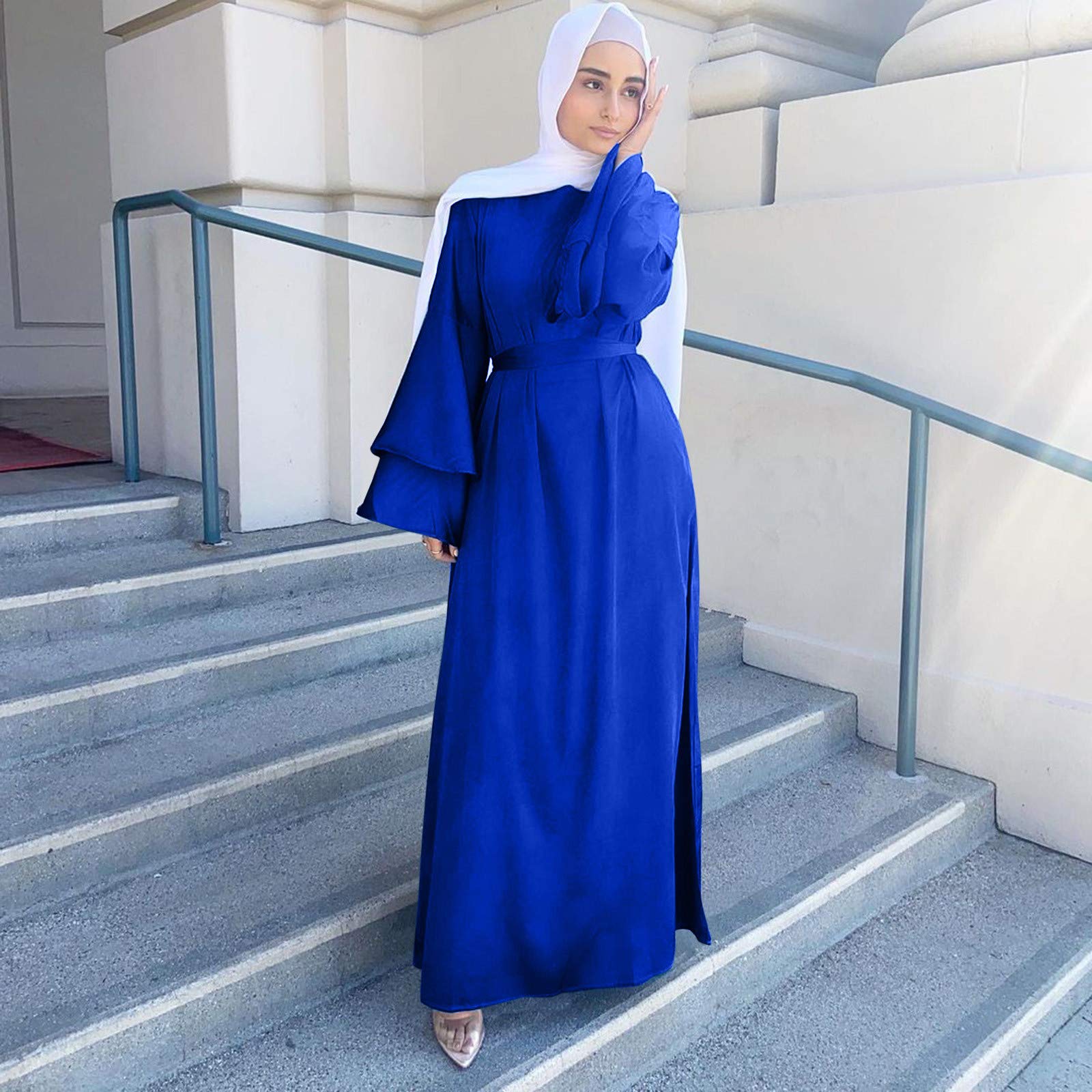 AMDOLE Robes de soirée pour femme, robe longue en satin musulman, robe de mode à manches pour femme, robe fantaisie