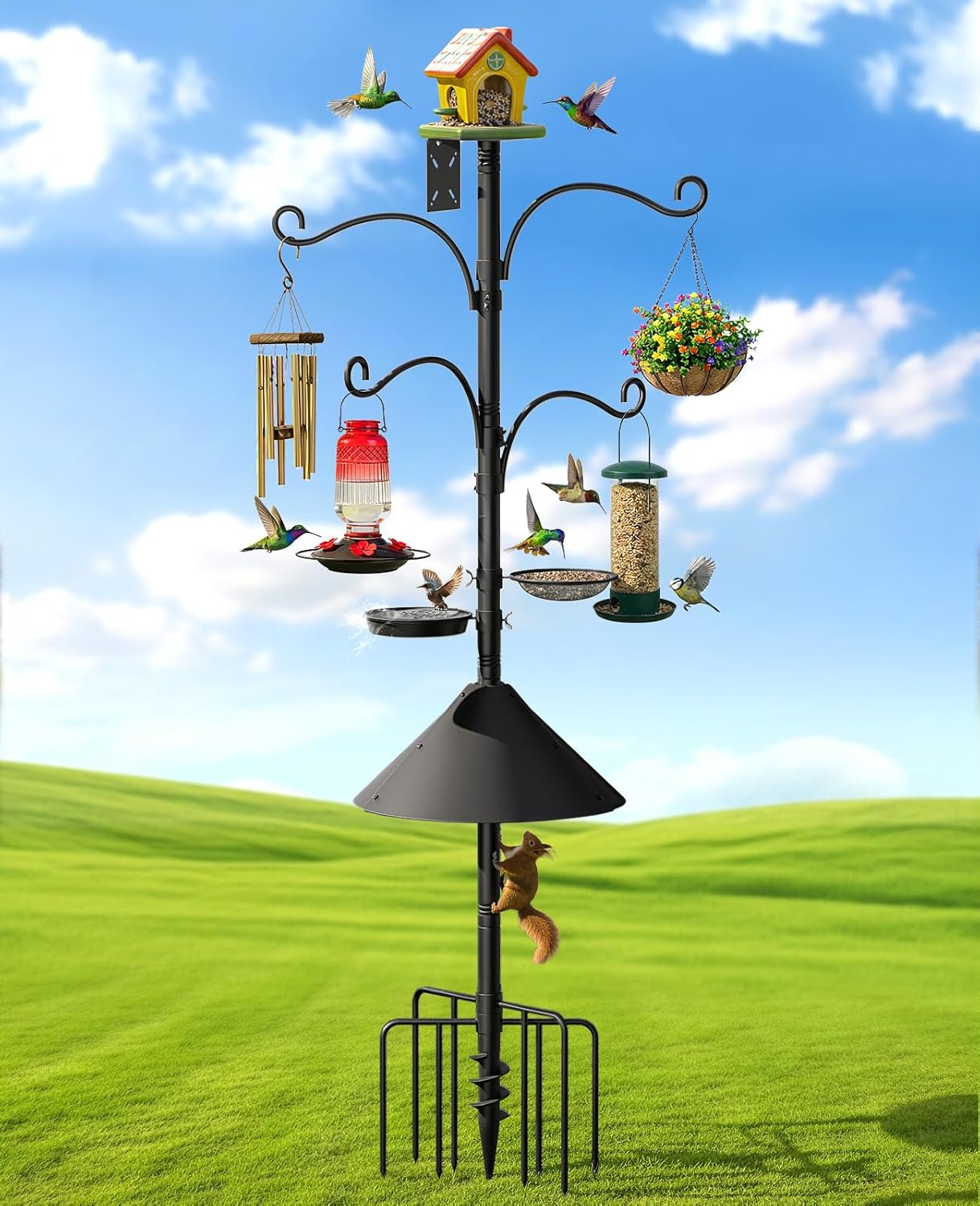 Bird Feeder Pole, 93" Shepherds Hooks Squirrel Proof for Outdoor, Adjustable Heavy Duty Birdhouse Pole Stand with 4 Hooks & 9 Prongs Base & Squirrel Baffle for Hanging Plant,Solar Lights,Garden Decor