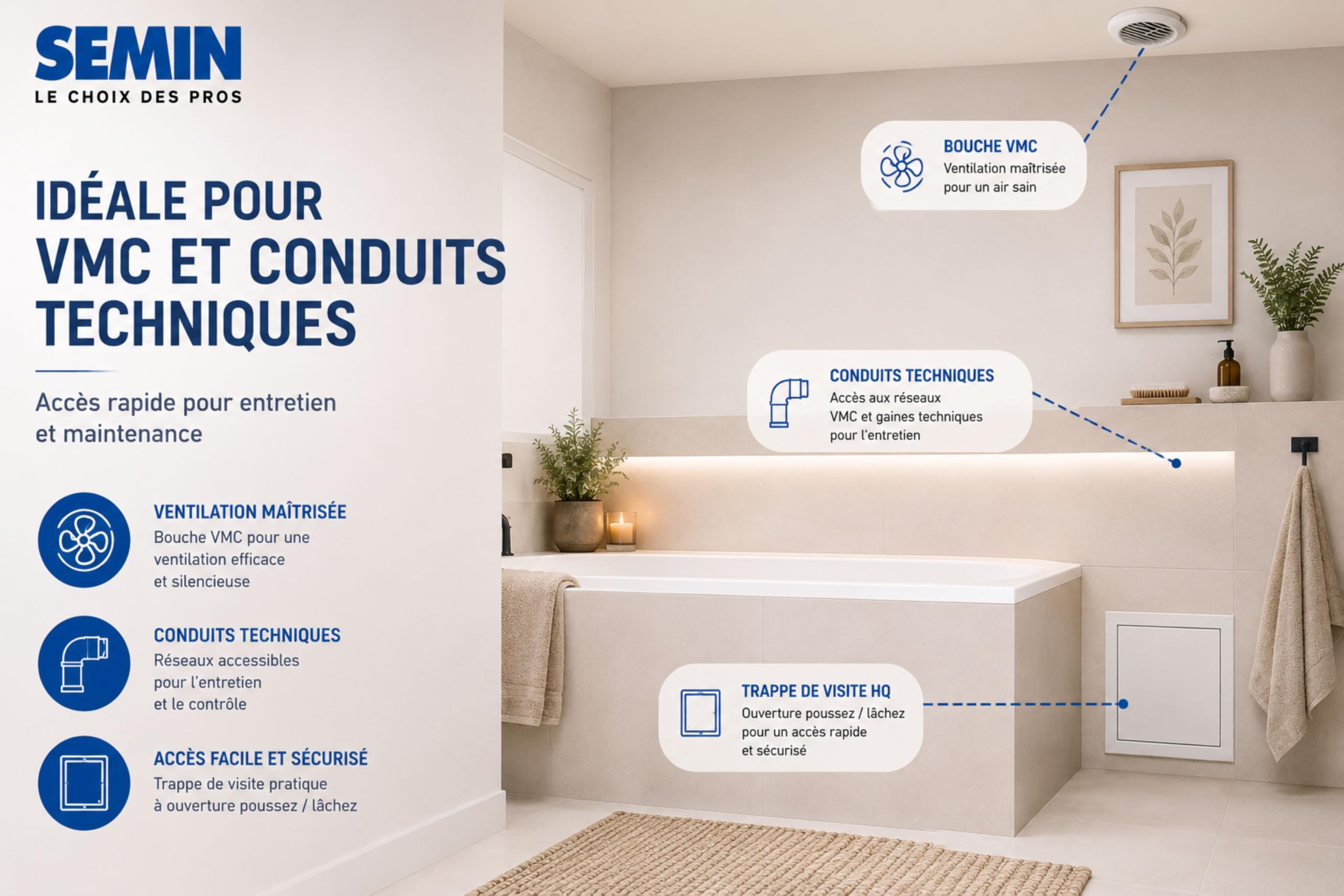 SEMIN Trappe de Visite HQ 500 x 500 mm – Trappe Métallique Laquée Blanche – Isolante Acoustique 29,8 dB – Étanche à l’Air et à la Poussière – Mur et Plafond – VMC et Gaines Techniques