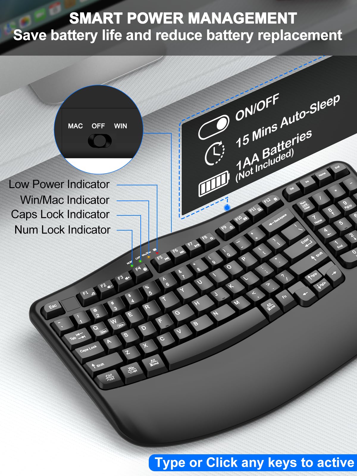 EDJO Teclado inalámbrico ergonómico con reposamuñecas, teclas onduladas, escritura natural cómoda, teclado inalámbrico Ergo de 2.4 GHz para computadora, Windows, Mac OS, portátil, PC (negro)