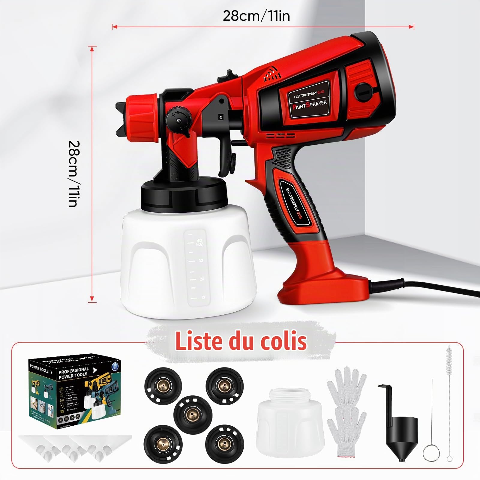Pistolet à Peinture, Pistolet à Peinture Électrique HVLP 800W avec 4 Buses Cuivre 3 Motifs, Capacité 1400ml Débit Réglable pour Murs Intérieur Extérieur Clôtures Plafonds Meubles, Rouge