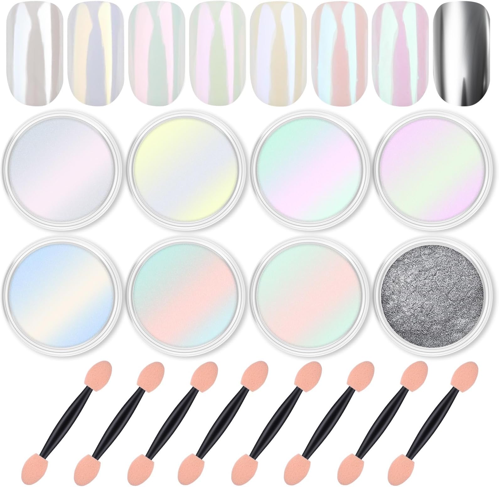 8 Bottles Chrome Nail Powder Kit Mirror Effect Pearl White Silver Metallic Holographic Nail Art DIY Resin Nail Art Aurora Iridescent Pigment