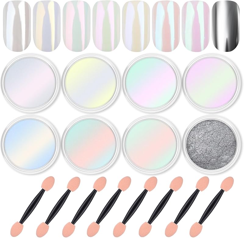 8 Jars Chrome Nail Powder Dip Magic White Pearl Kit Silver Mirror | Metallic Effect Holographic Dip Nail Powder Decoration Iridescent Aurora Mermaid Pigment